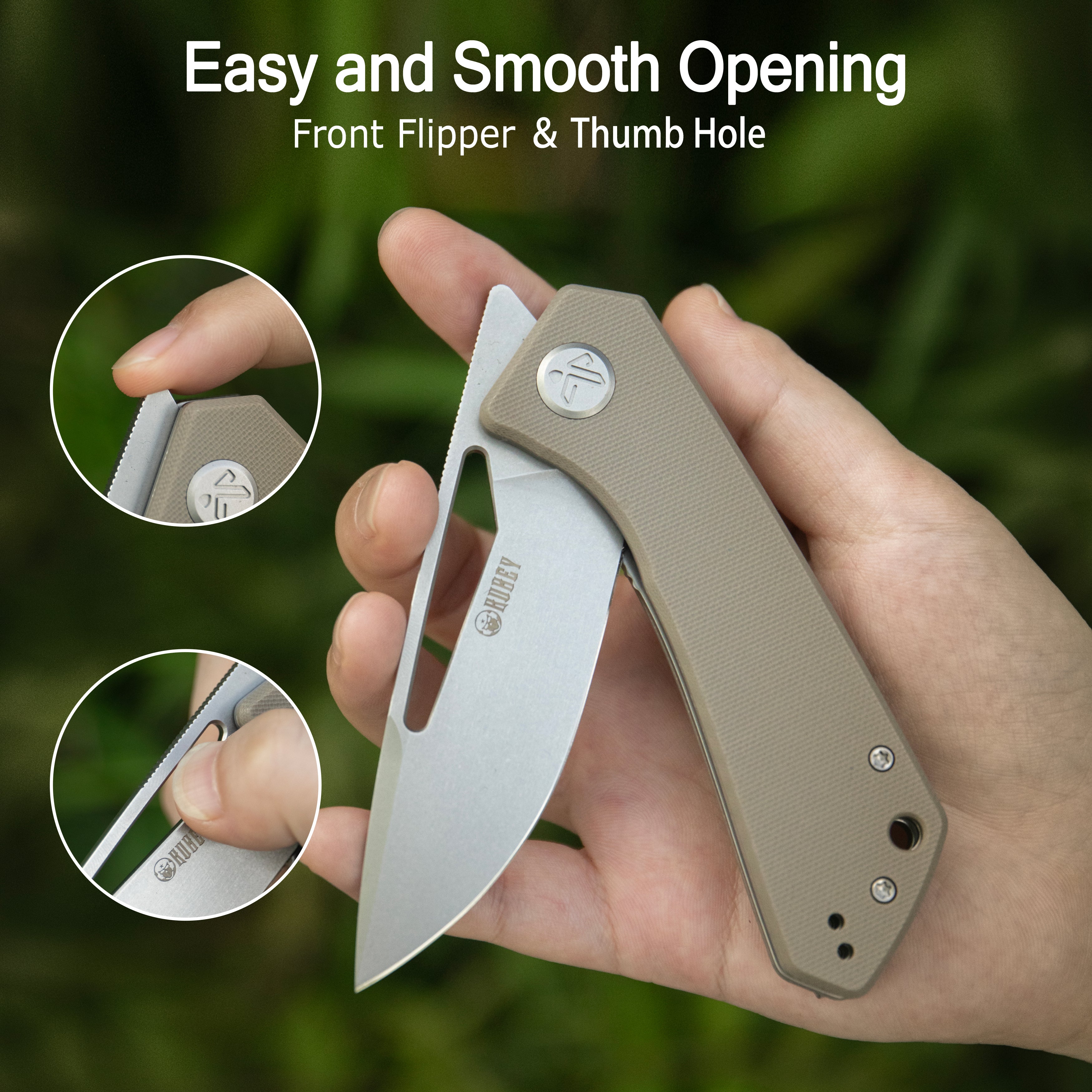 Kubey Thalia Front Flipper EDC Pocket Folding Knife Tan G10 Handle 3.27" Stonewash 14C28N KU331R