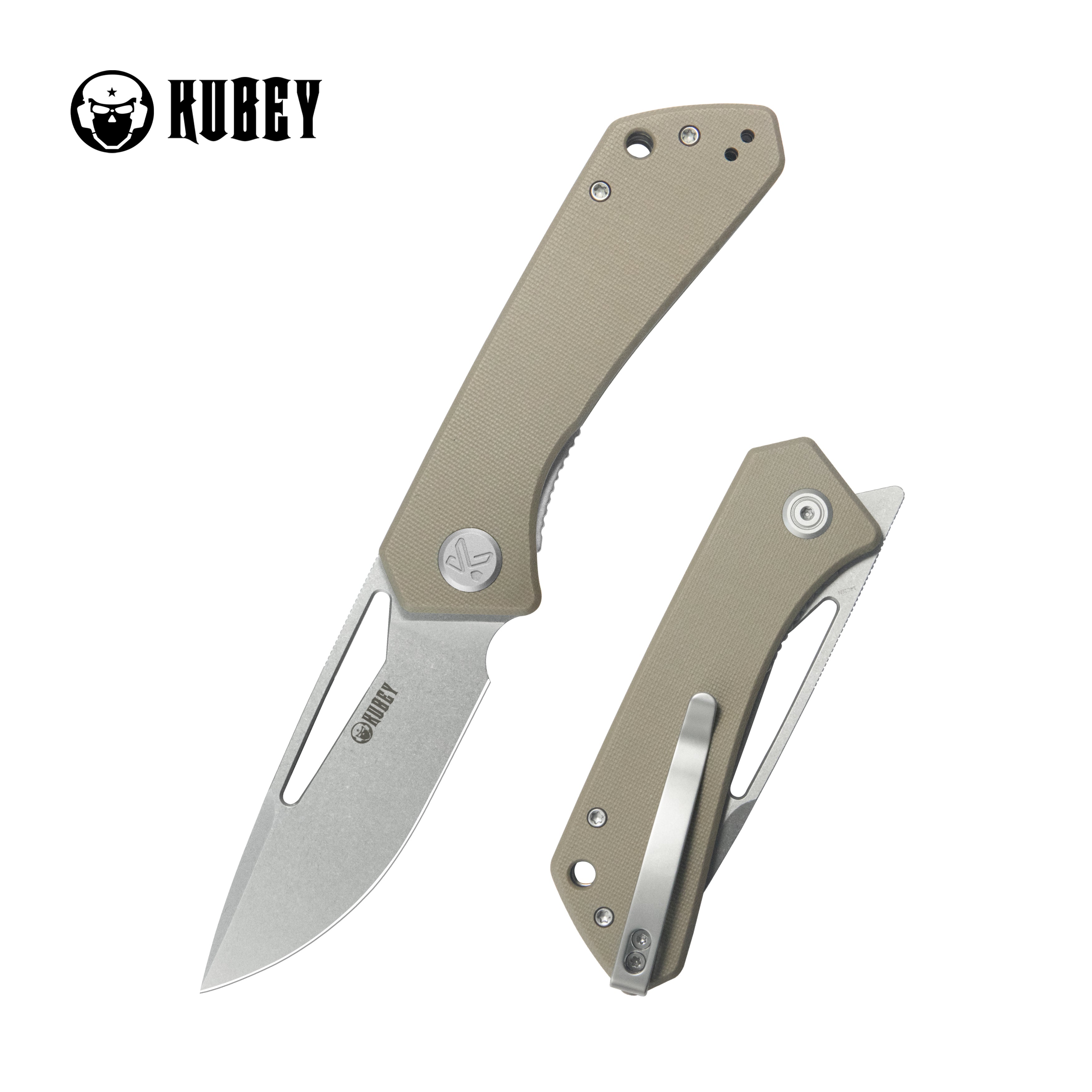 Kubey Thalia Front Flipper EDC Pocket Folding Knife Tan G10 Handle 3.27" Stonewash 14C28N KU331R