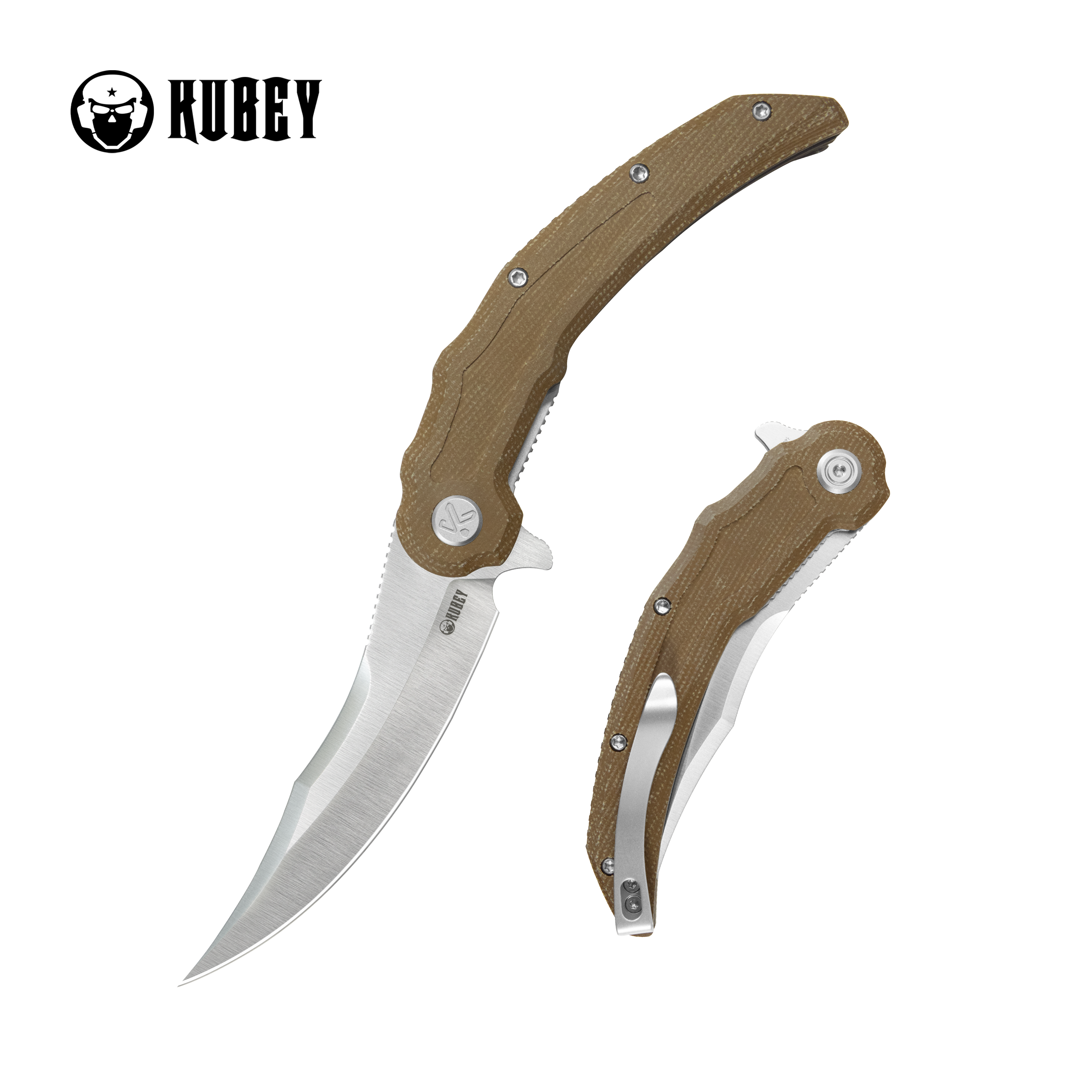 Kubey Crest Liner Lock Pikal Folding Knife Brown Micarta Handle 3.78" Satin 14C28N KU346D