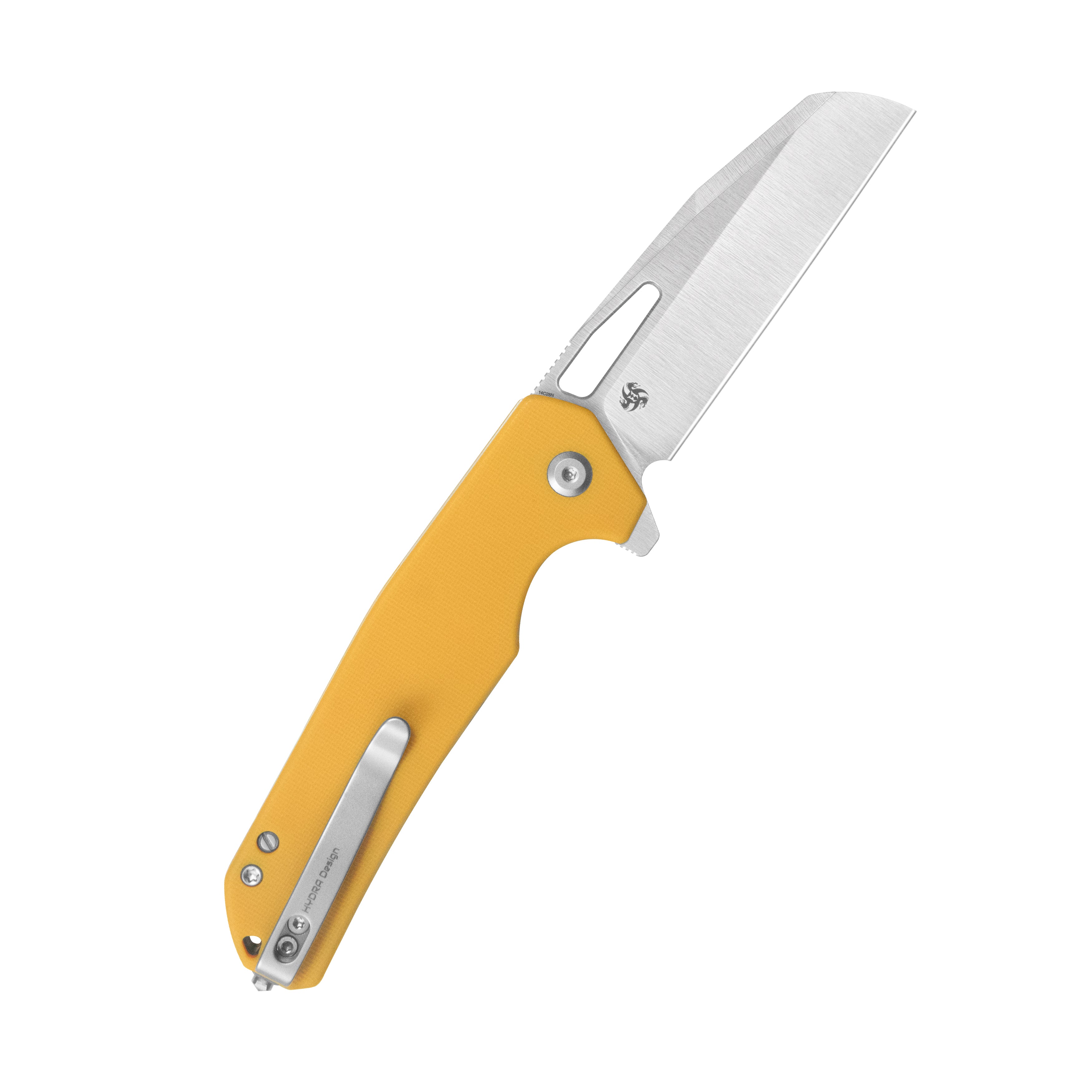 10-8 Button Lock Survival Folding Knife Yellow G10 Handle 3.15" Satin 14C28N KU363C