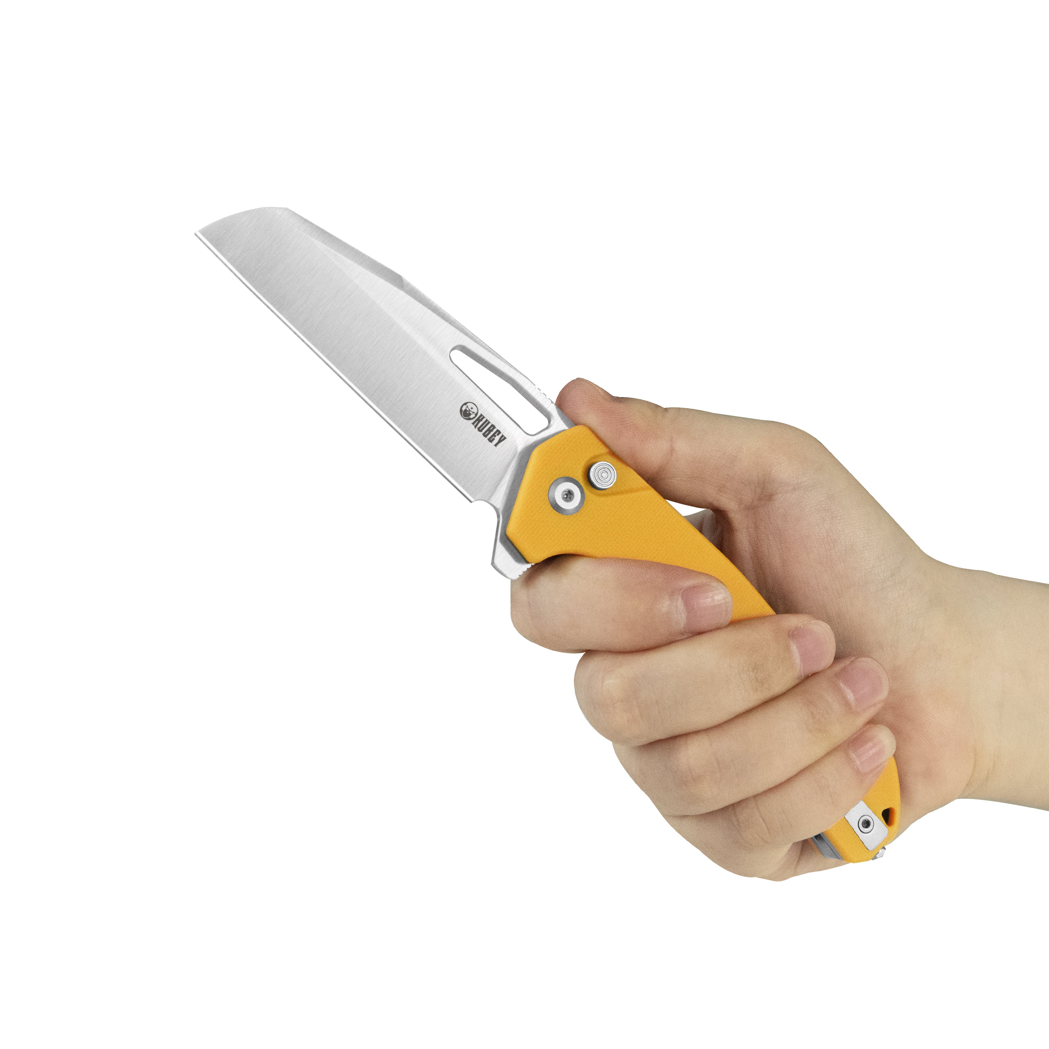 10-8 Button Lock Survival Folding Knife Yellow G10 Handle 3.15" Satin 14C28N KU363C