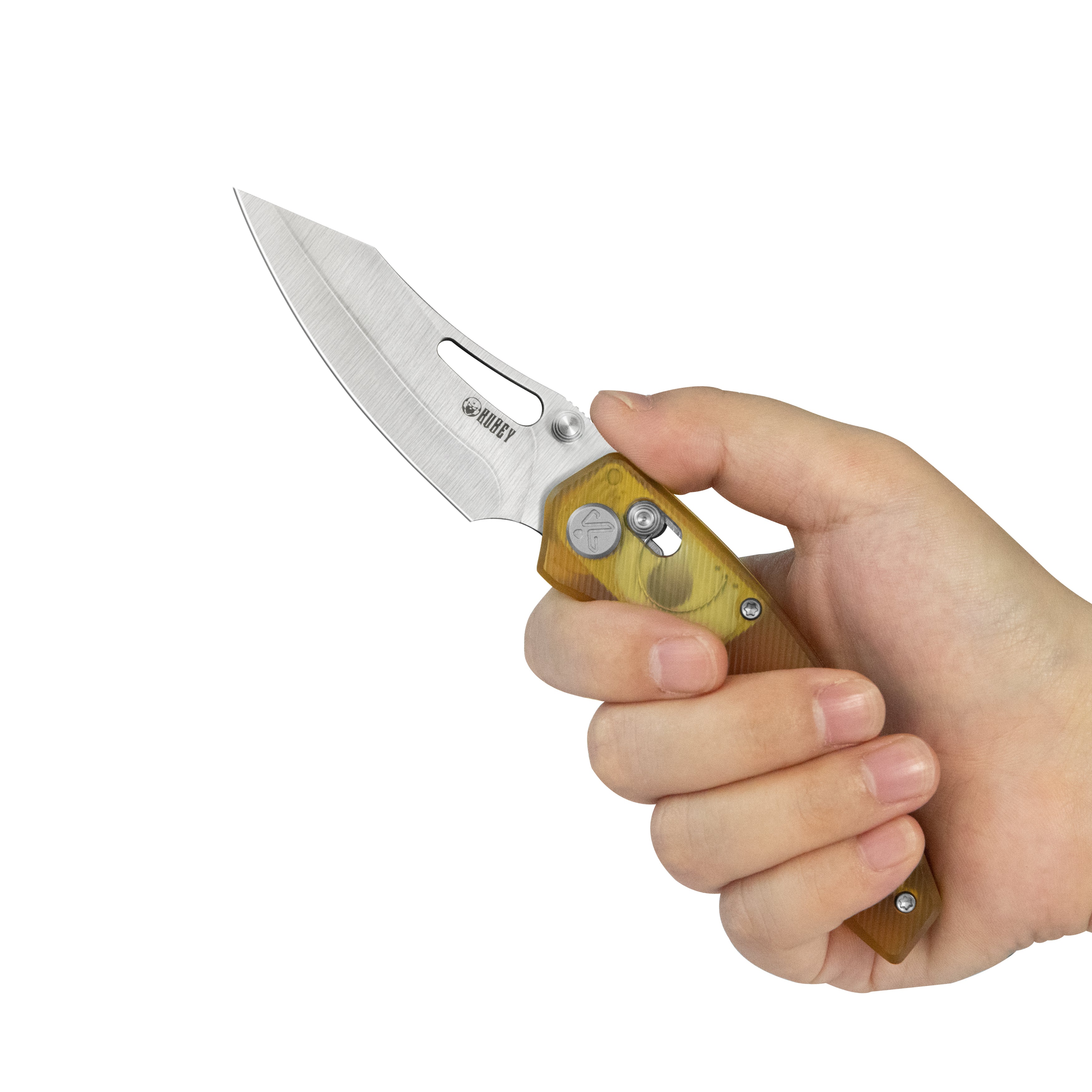 Kubey Caiman Crossbar Everyday Carry Folding Knife Ultem Handle 3.1" Satin San Mai M2 KU421E