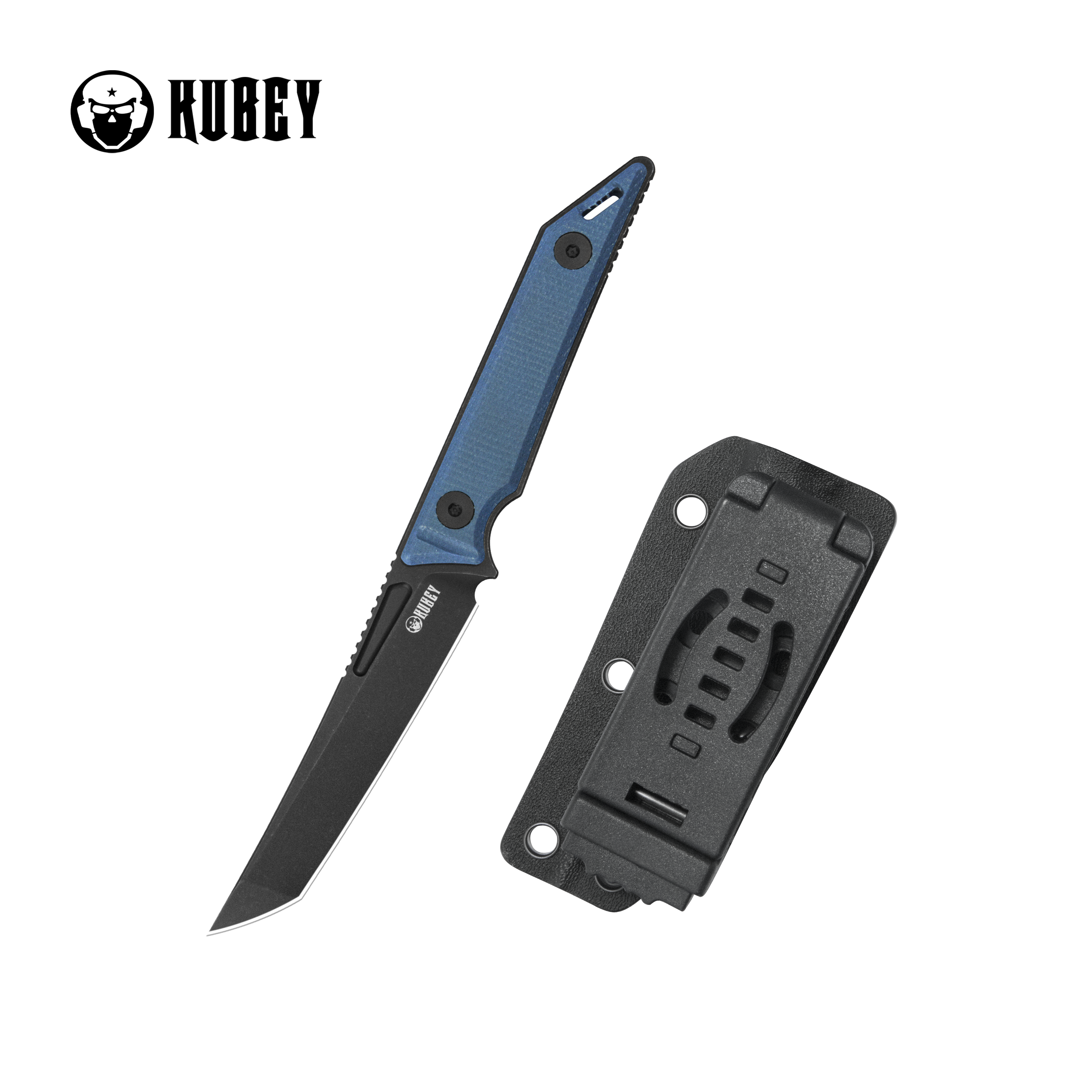 Kubey Goliath Fixed Blade Knife Blue Micarta Handle 2.60" Blackwash 14C28N KU430D