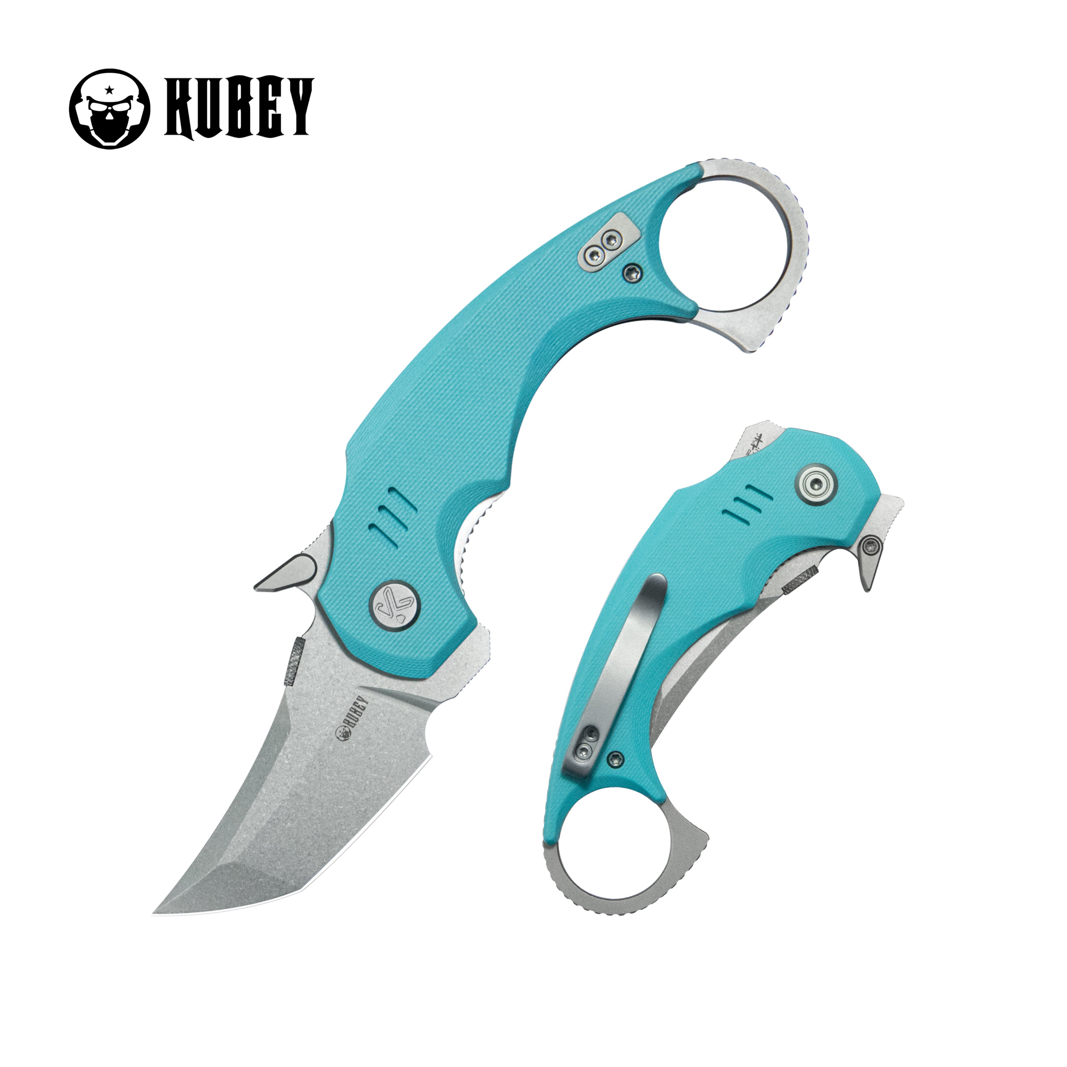 Kubey Jaw Tanto Karambit Folding Knife Tiffany Blue G-10 Handle 2.52" Sandblast 14C28N Blade KU439B