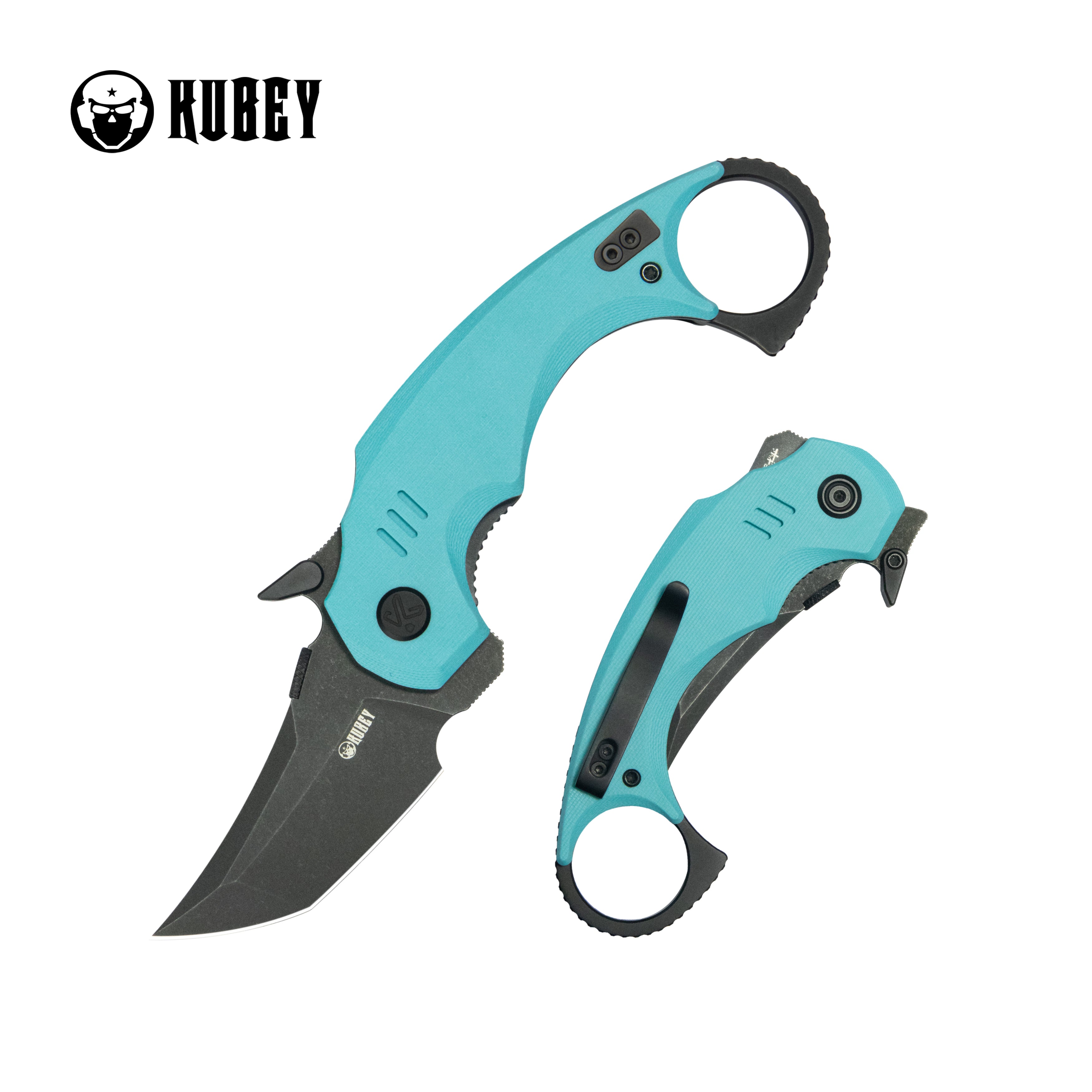 Kubey Jaw Tanto Karambit Folding Knife Tiffany Blue G-10 Handle 2.52" Blackwash 14C28N Blade KU439D