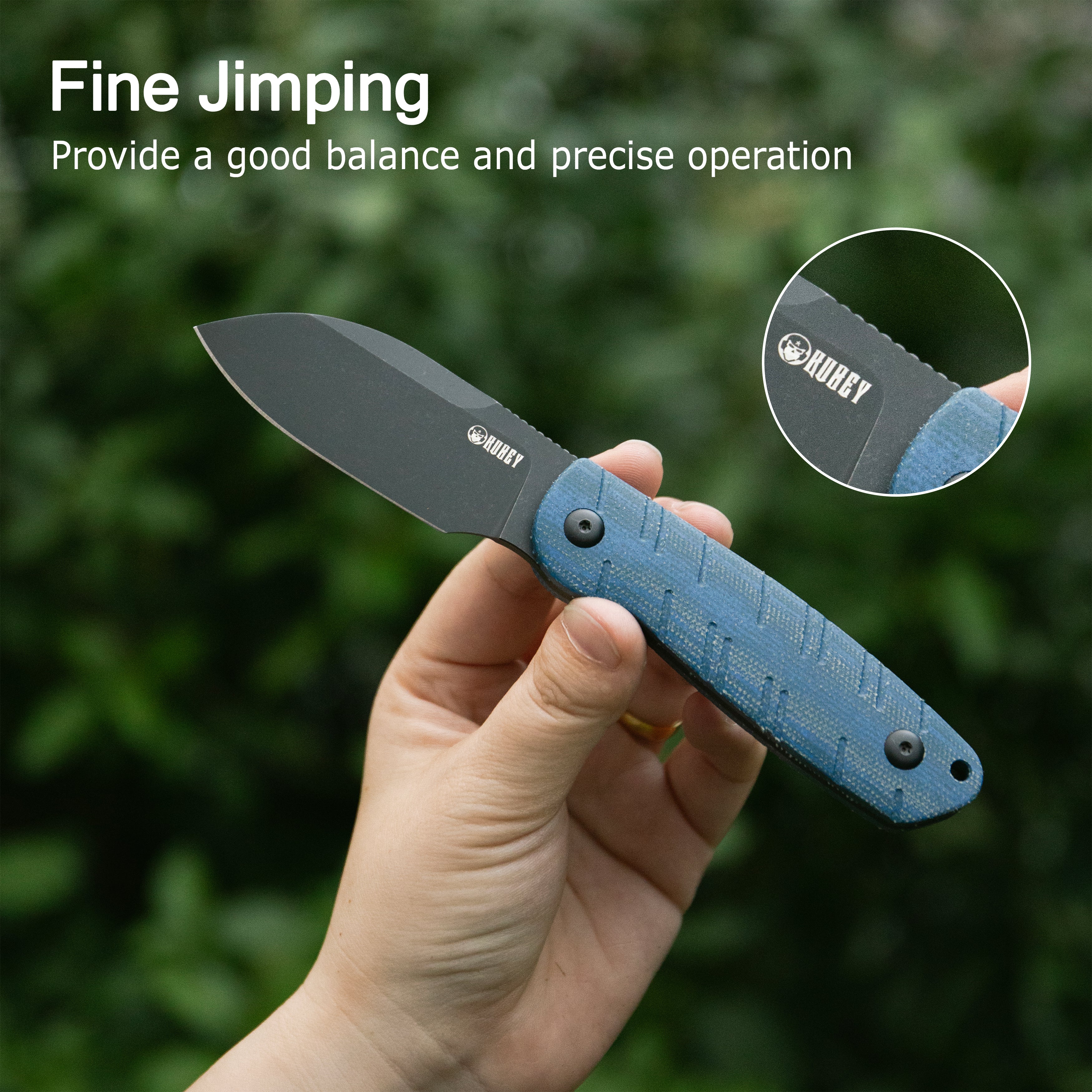 Kubey Microburst Fixed Blade Knife Blue Micarta Handle 2.95" Beadblast 14C28N Blade KU455A