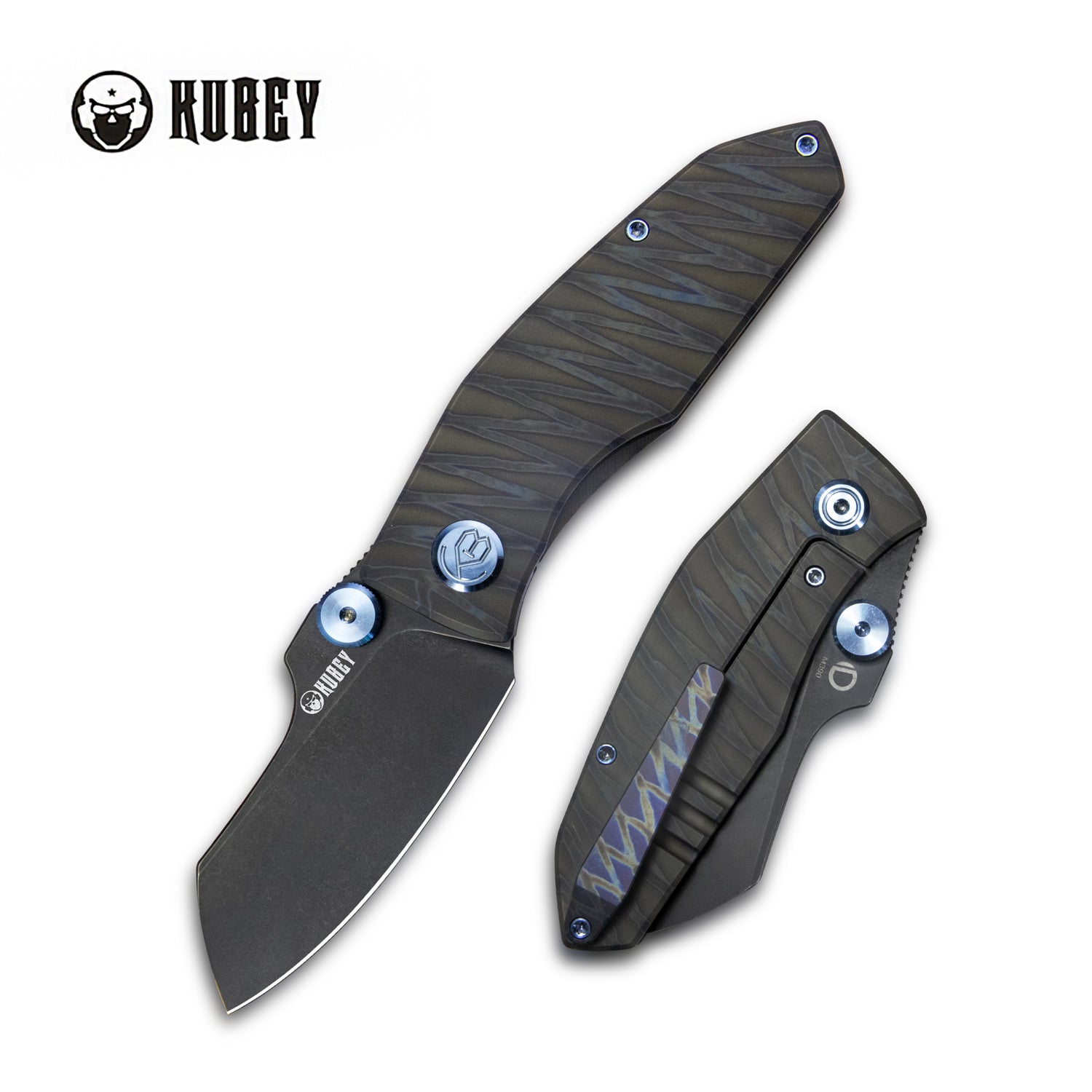 Kubey Monsterdog Frame Lock Dual Thumb Studs Folding Knife Titanium Handle 2.95" Blackwashed M390 KB285E