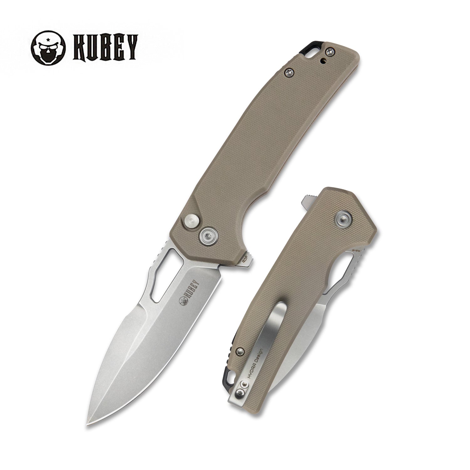 RDF Pocket Knife with Button Lock, Full-Contoured Tan G-10 Handle 3.11" Bead Blasted AUS-10 Blade, Lightweight Folding Knife for EDC KU316D