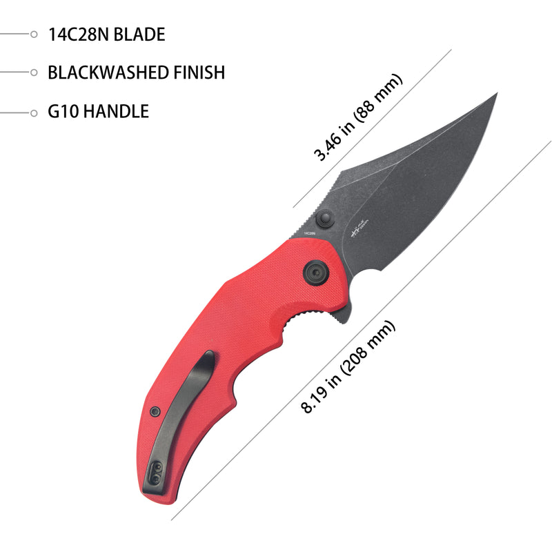 Ceto Flipper Camping Folding Knife Red G-10 Handle 3.46" Blackwash 14C28N Blade KU181E