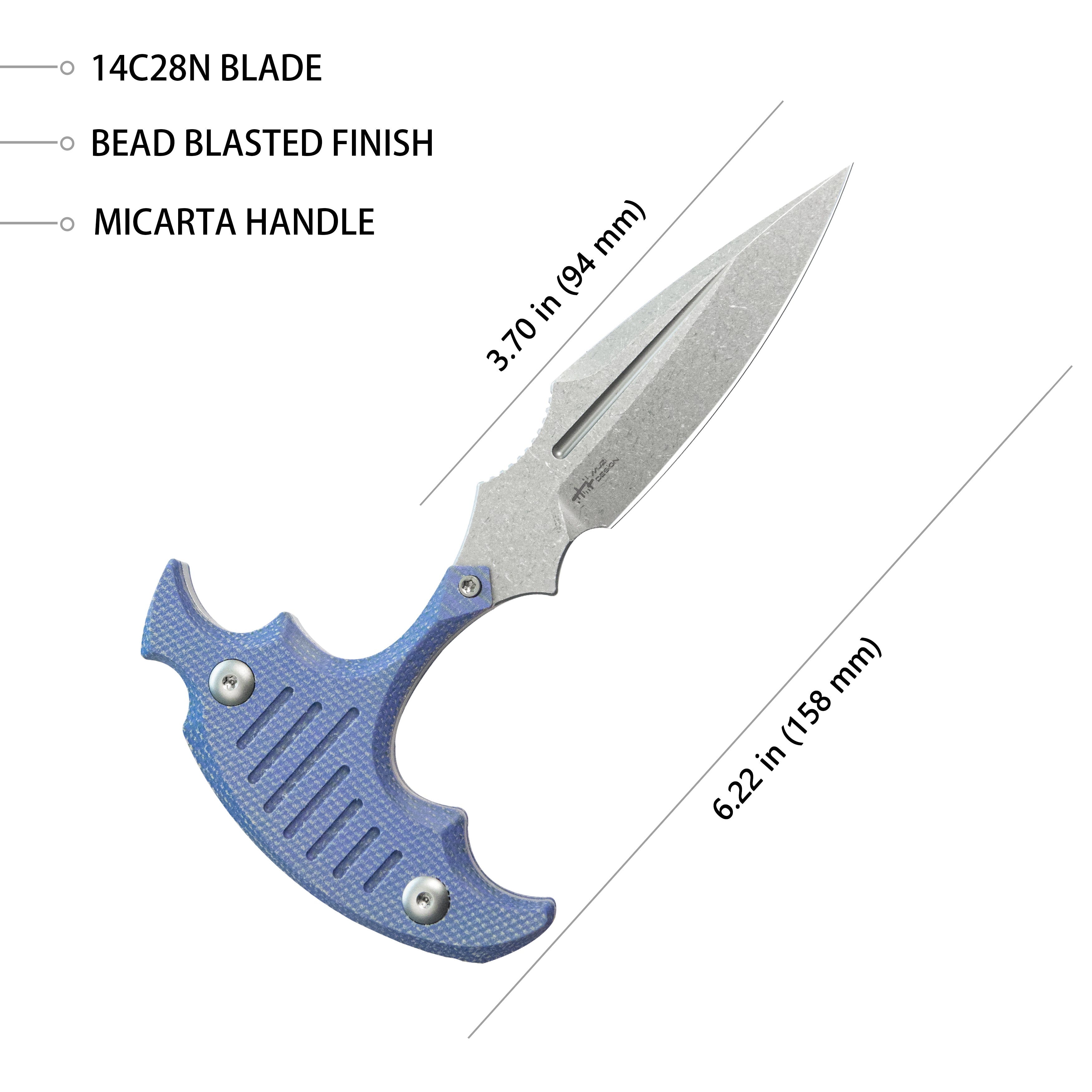 Medusa Push Dagger Fixed Blade Outdoor Knives w/ Kydex Sheath Blue Micarta Beadblast 14C28N KU242D