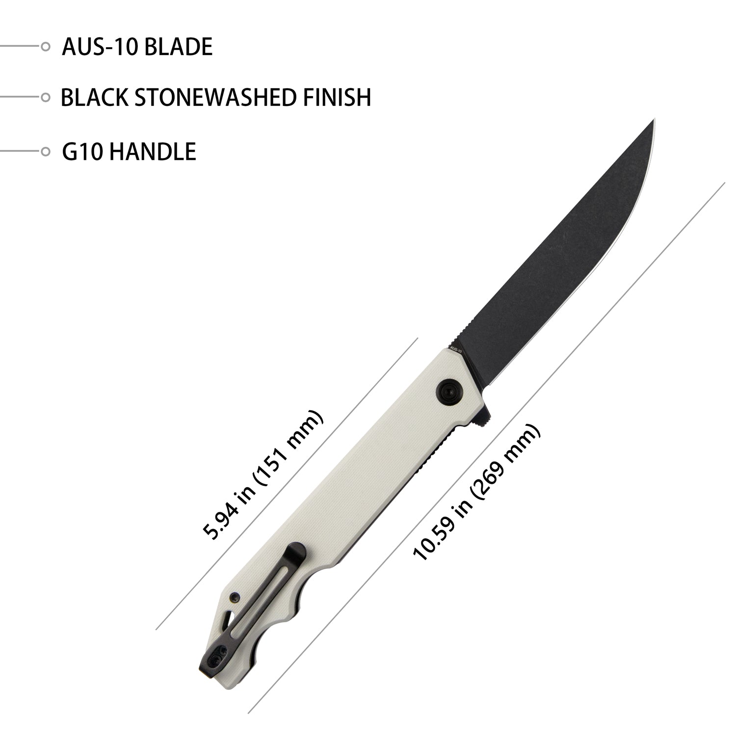 Kubey Pylades Klappmesser Liner Lock Flipper Folding Knife Ivory Handle 4.65" Blackwash AUS-10 KU253D