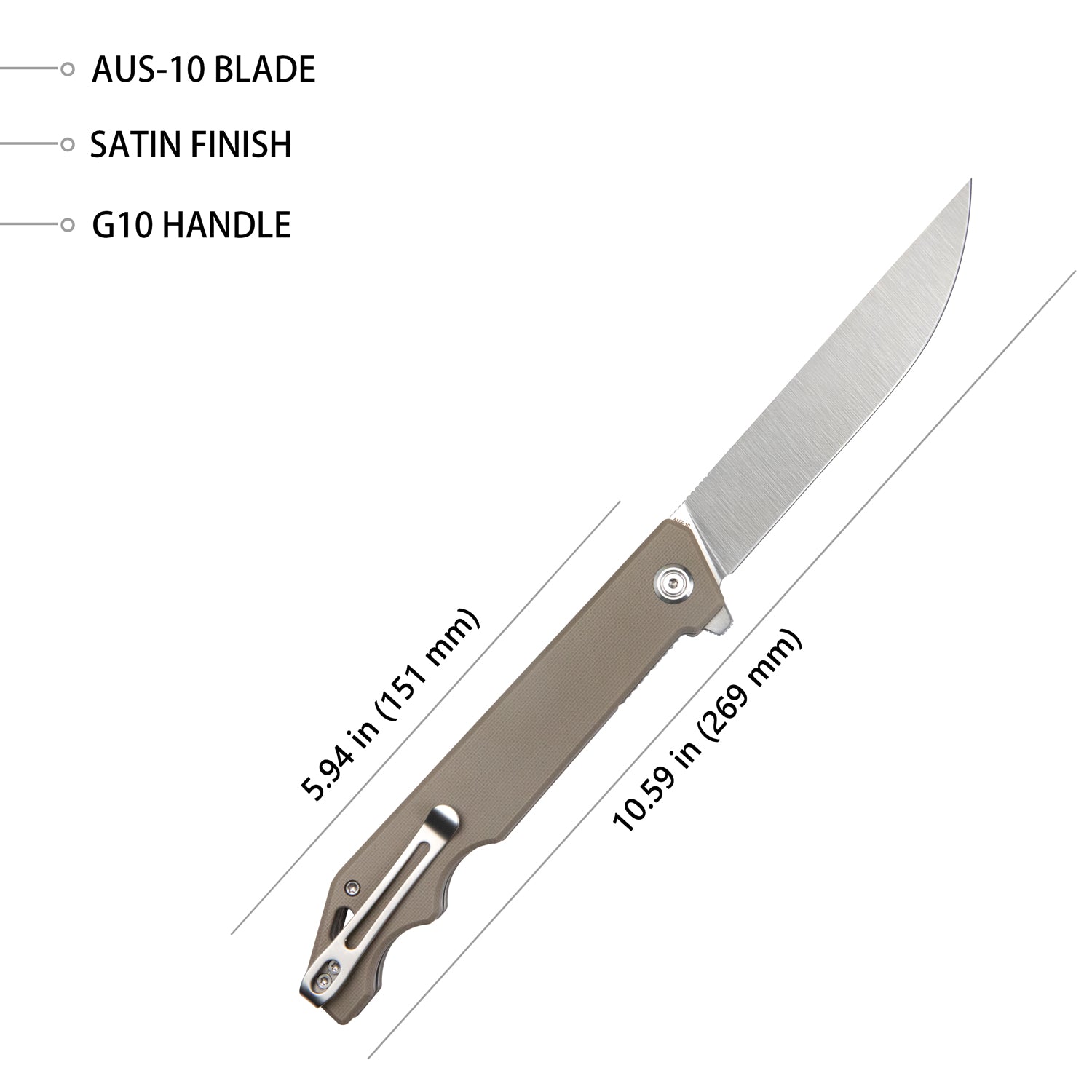 Kubey Pylades Liner Lock Flipper Folding Knife Tan G10 Handle 4.65" Satin AUS-10 KU253E