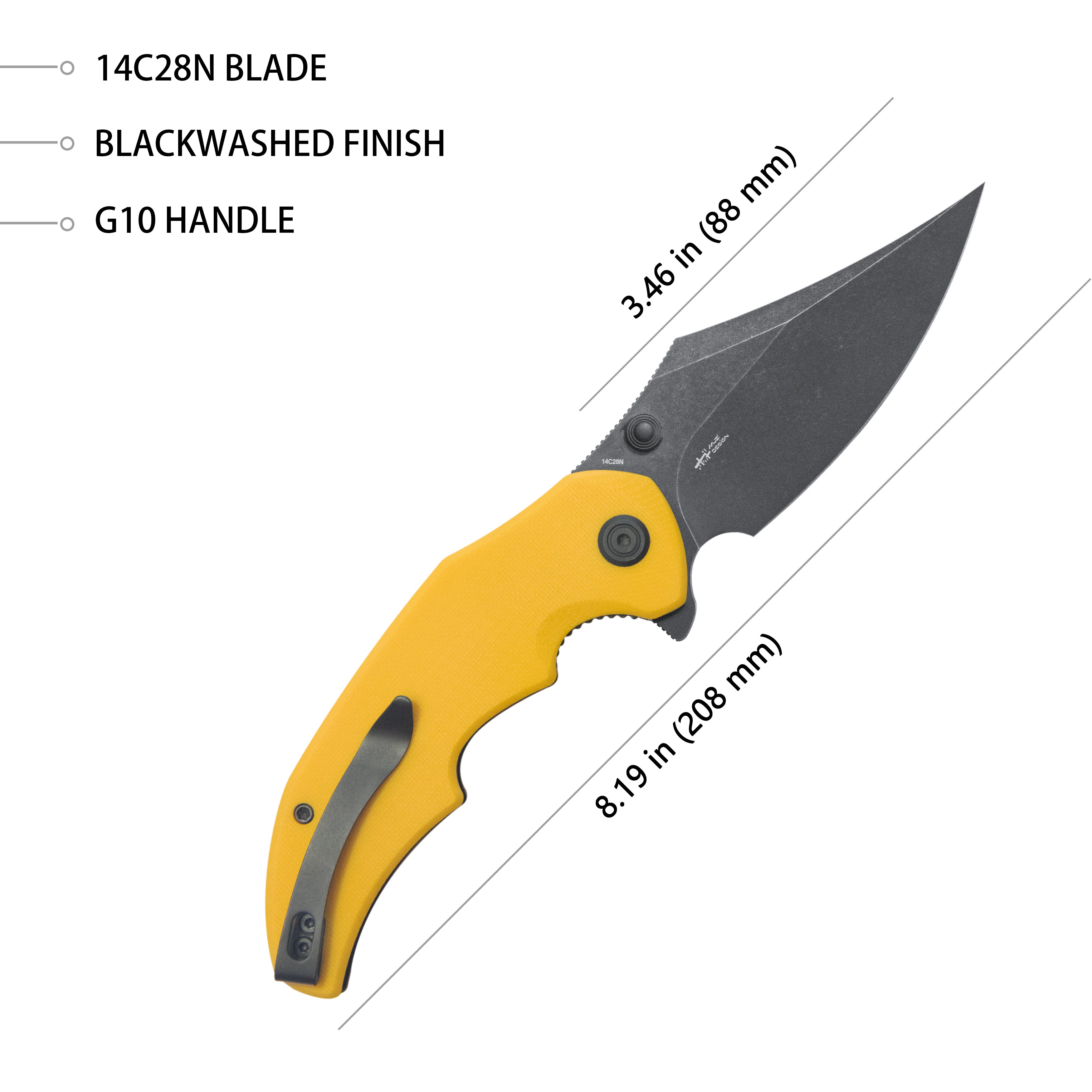 Ceto Flipper Camping Folding Knife Yellow G-10 Handle 3.46" Blackwash 14C28N Blade KU181G