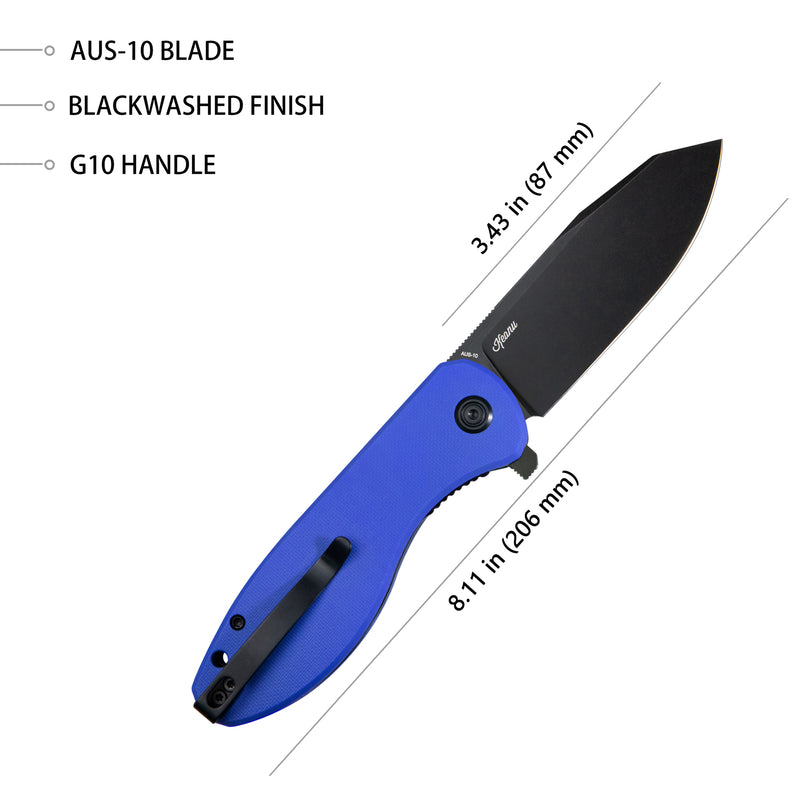 Master Chief Outdoor Folding Pocket Knife Blue G10 Handle 3.43" Blackwash AUS-10 KU358G