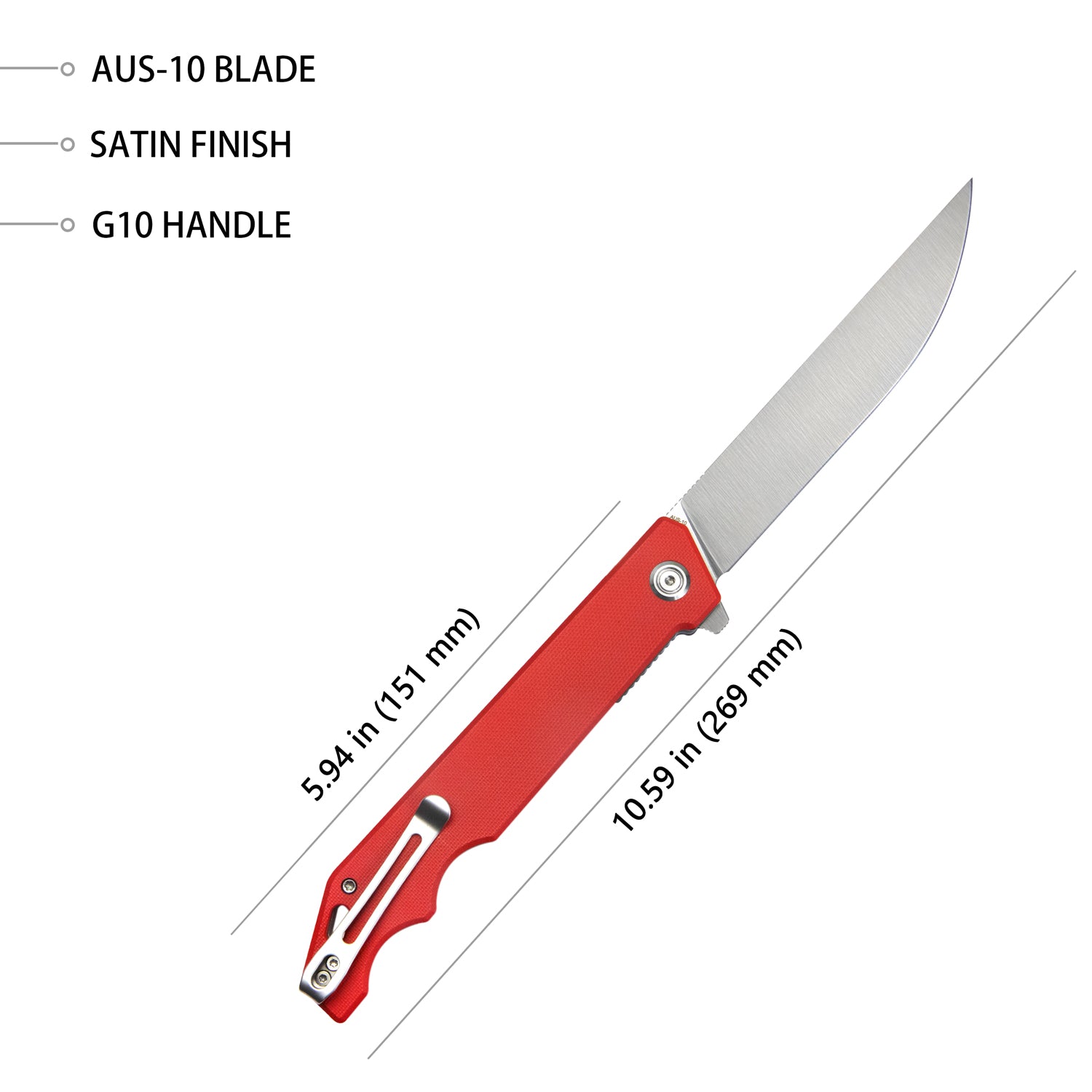 Kubey Pylades Klappmesser Liner Lock Flipper Folding Knife Red Handle 4.65" Satin AUS-10 KU253F