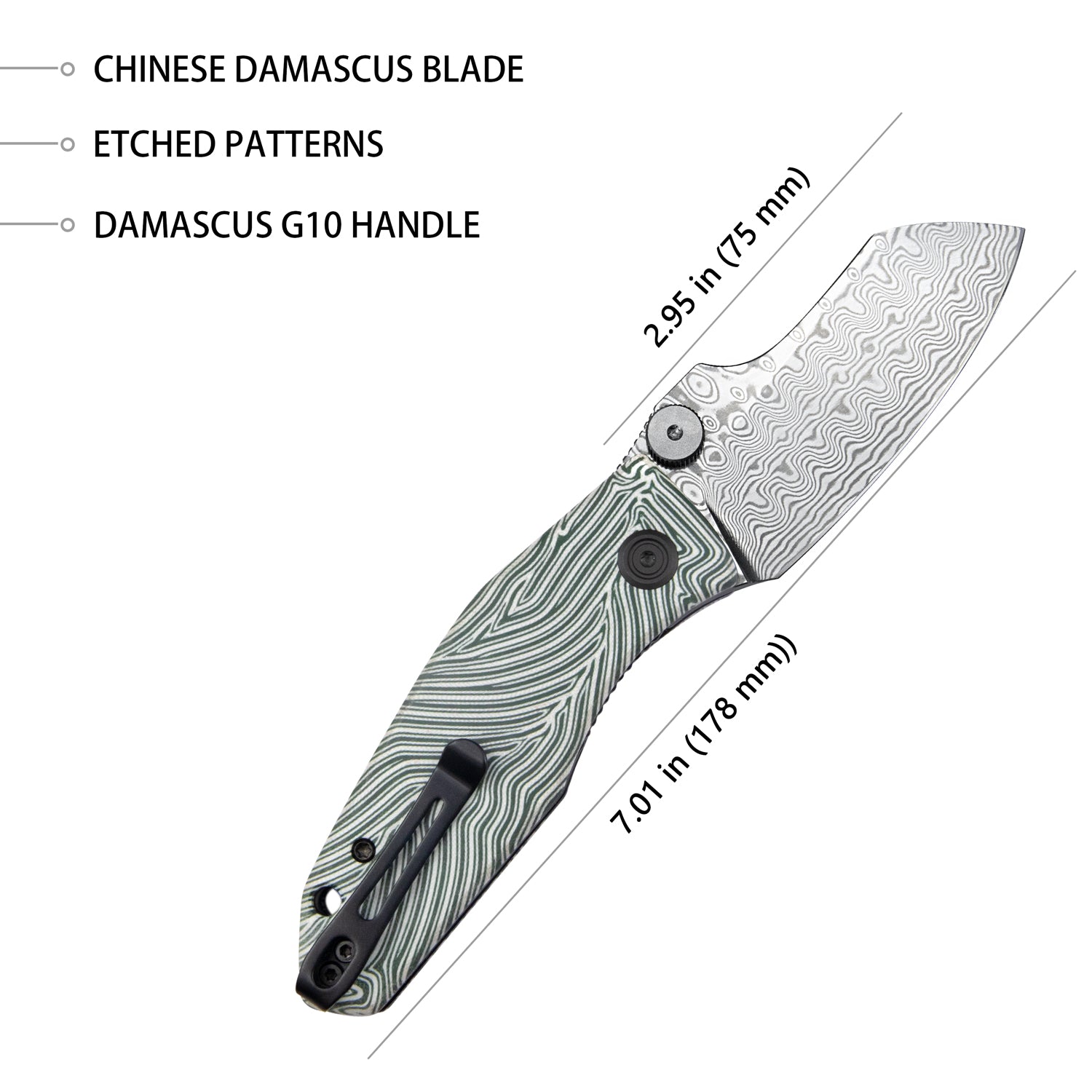 Monsterdog Liner Lock Folding Knife White green G10 Handle 2.95" Damascus KU337E