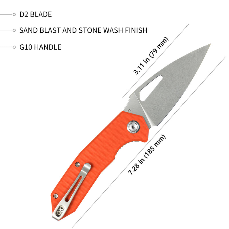 Coeus Liner Lock Thumb Open Folding Knife Orange G10 Handle 3.11" Bead Blasted D2 KU122D