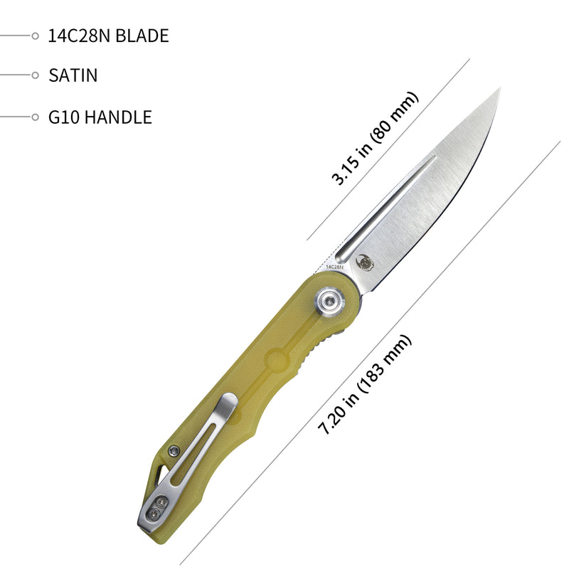 Mizo Liner Lock Front Flipper Folding Knife Yellow G10 Handle 3.15" Satin 14C28N KU2101F