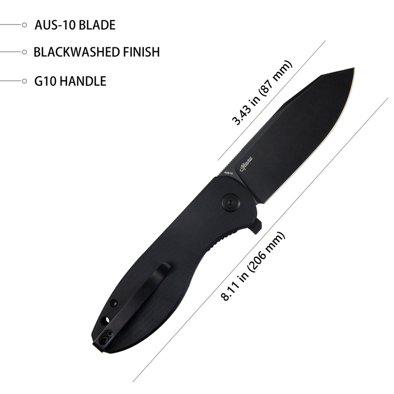 Master Chief Outdoor Folding Pocket Knife Black G10 Handle 3.43" Blackwash AUS-10 KU358F