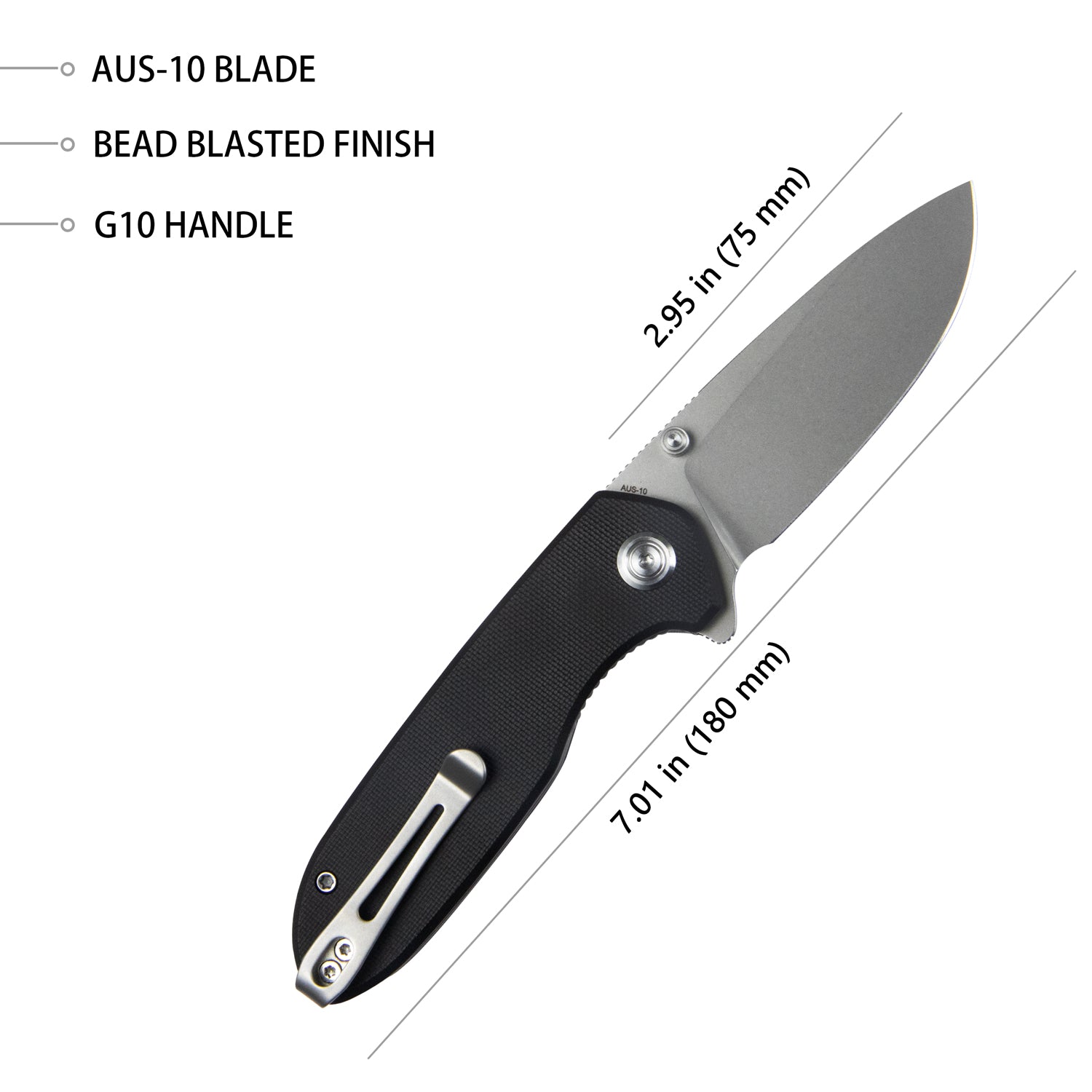 Kubey Belus Thumb Stud Everyday Carry Pocket Knife Black G10 Handle 2.95" Bead Blasted AUS-10 Blade KU342A