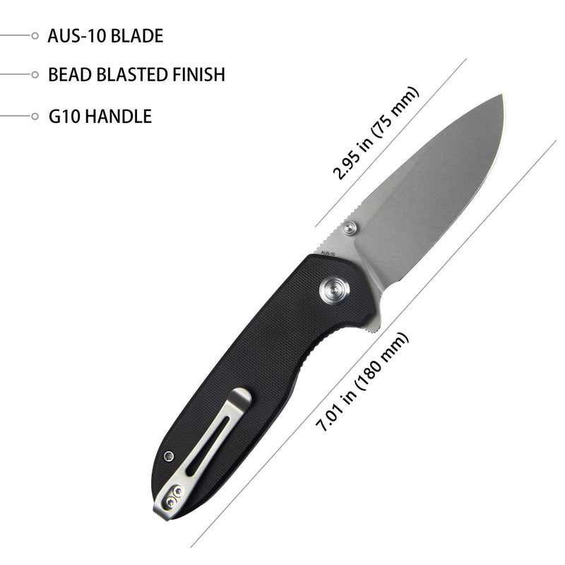 Belus Thumb Stud Everyday Carry Pocket Knife Black G10 Handle 2.95" Bead Blasted AUS-10 Blade KU342A