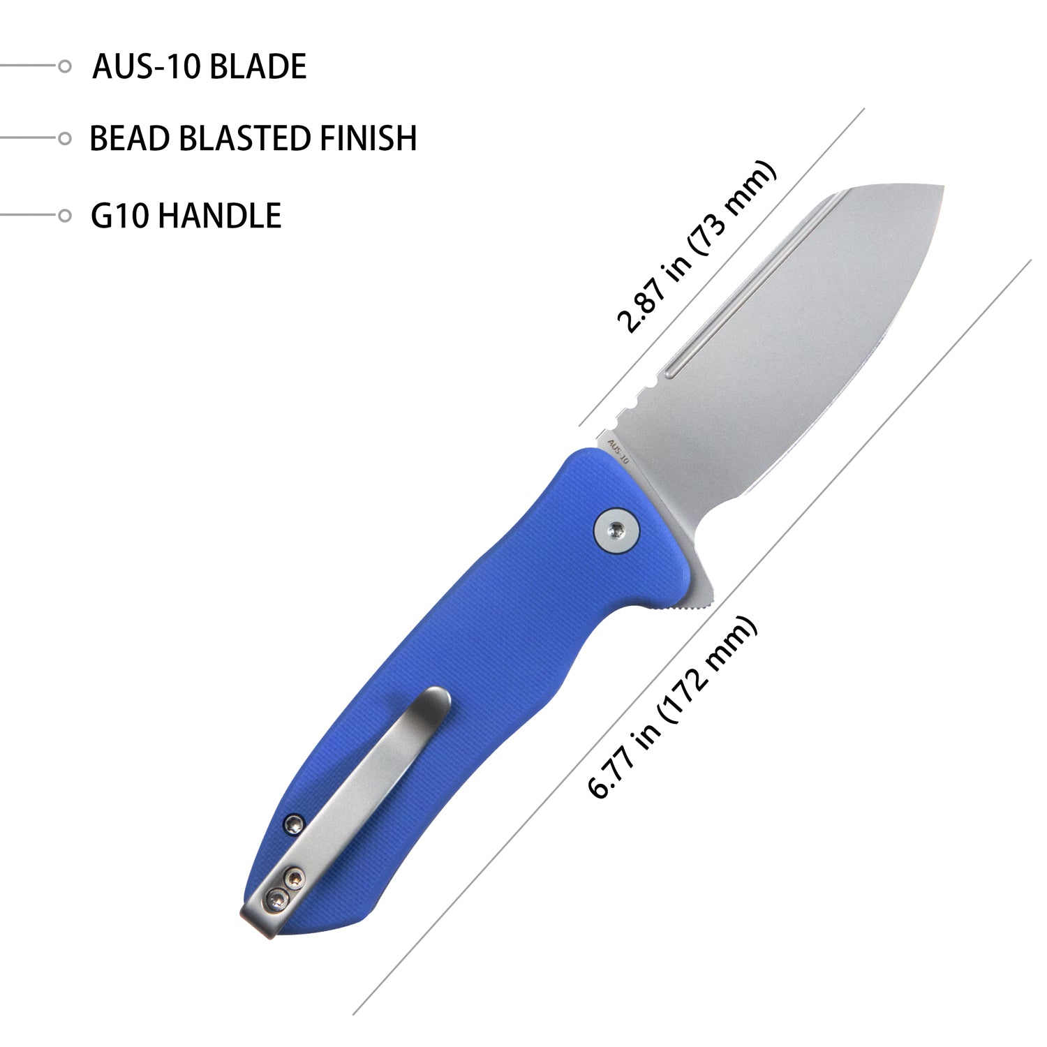 Creon Small Pocket Knife with Button Lock Blue G10 Handle 2.87" Beadblasted AUS-10 KU336C