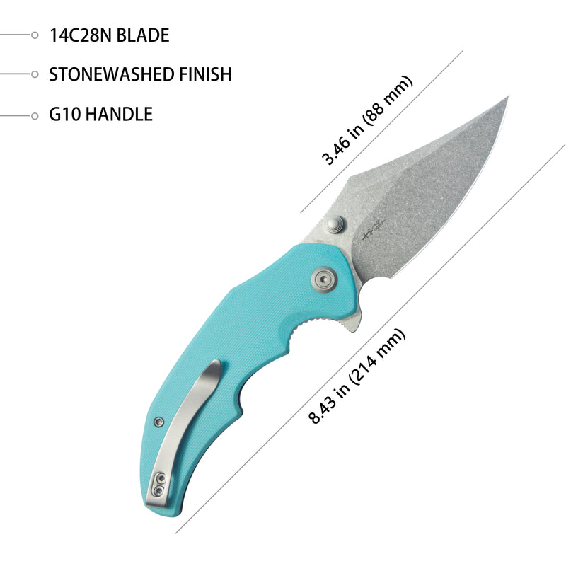 Ceto Flipper Camping Folding Knife Tiffany Blue G-10 Handle 3.46" Stonewash 14C28N Blade KU181B