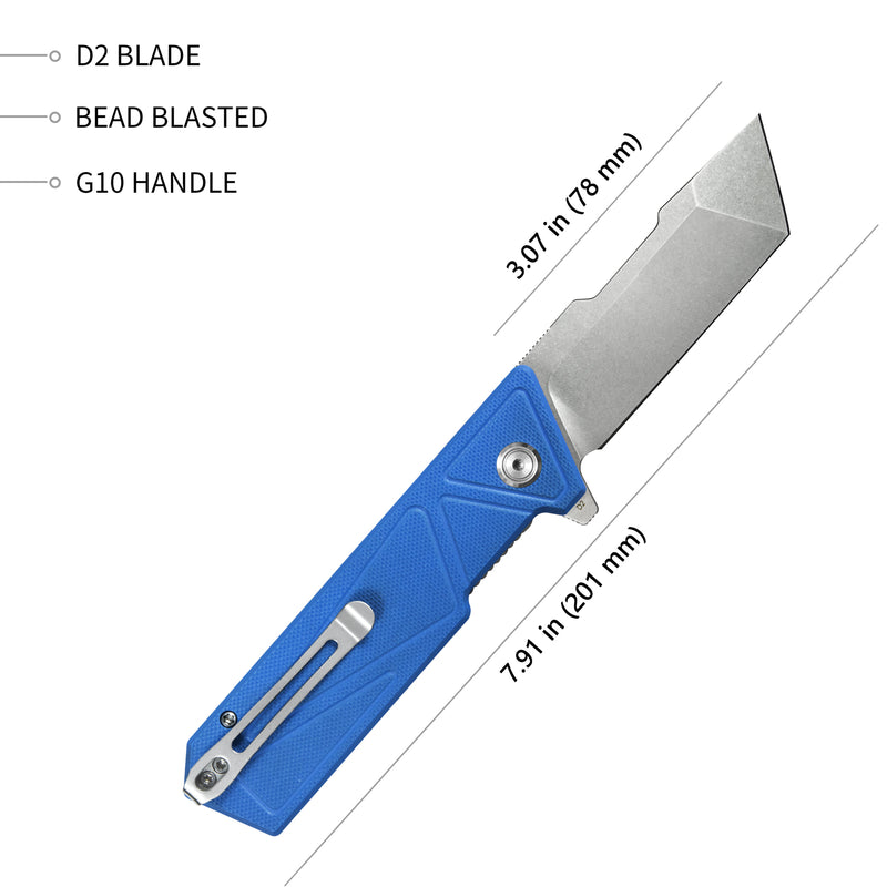 Avenger Outdoor Edc Folding Pocket Knife Blue G10 Handle 3.07" Bead Blasted D2 KU104C