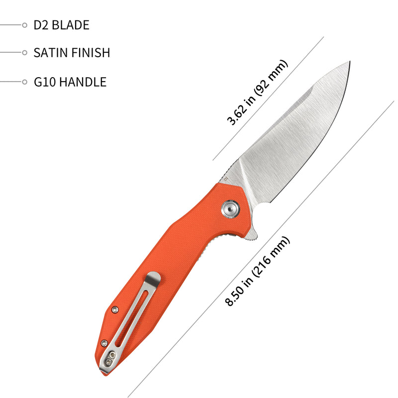 Nova Liner Lock Flipper Folding Pocket Knife Orange G10 Handle Satin D2 KU117D
