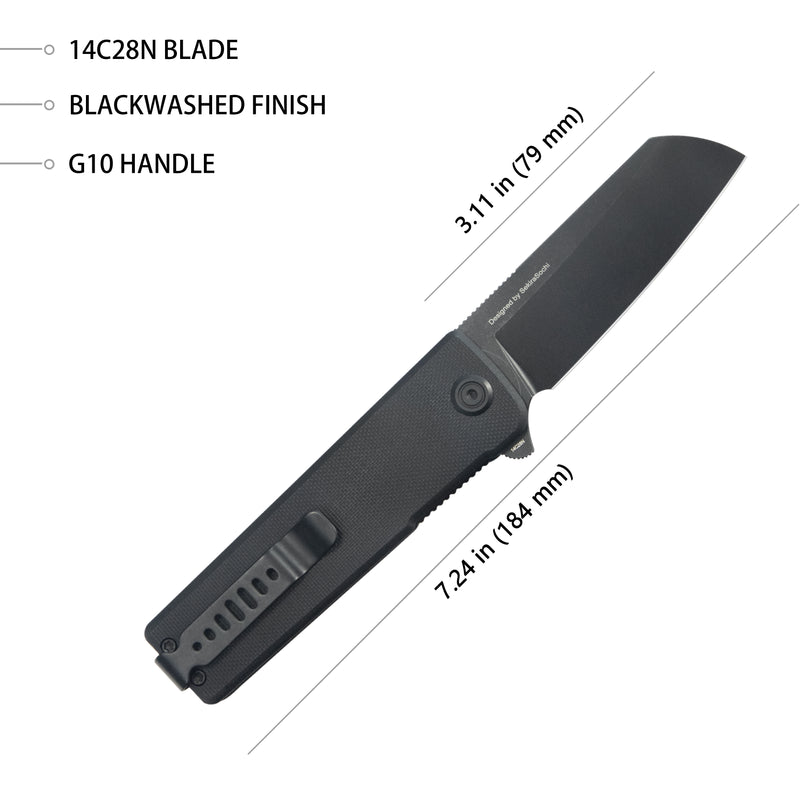 Sailor Liner Lock Flipper Outdoor Folding Knife Black G10 Handle 3.11" Blackwash 14C28N Blade KU317I