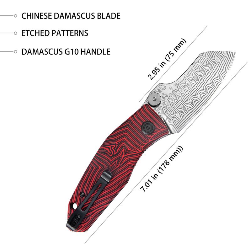 Monsterdog Liner Lock Folding Knife Red black G10 Handle 2.95" Damascus KU337G