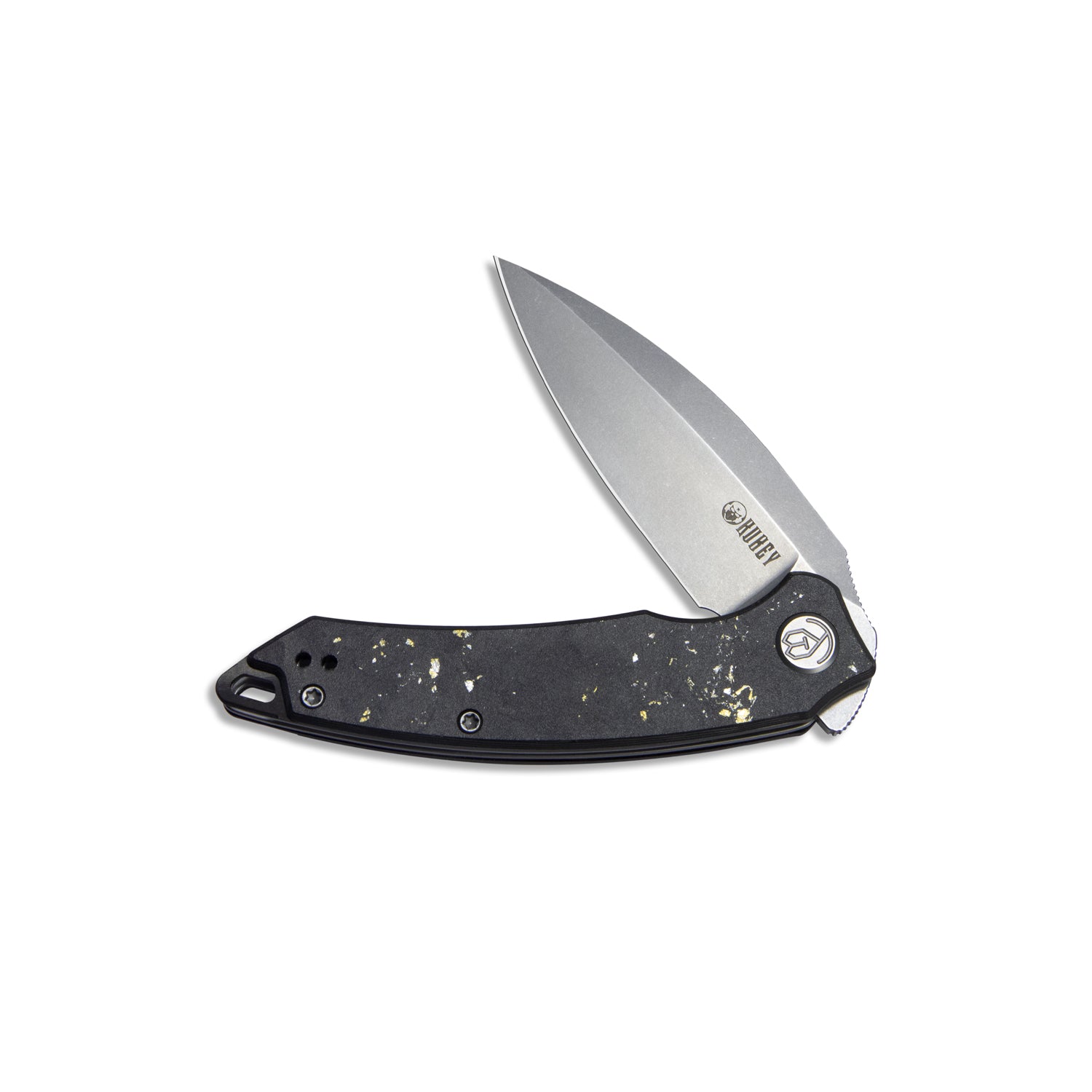 Leaf Liner Lock Front Flipper Folding Knife Black Gold Carbon Fiber and Resin Handle 2.99" Bead Blasted AUS-10 KU333D