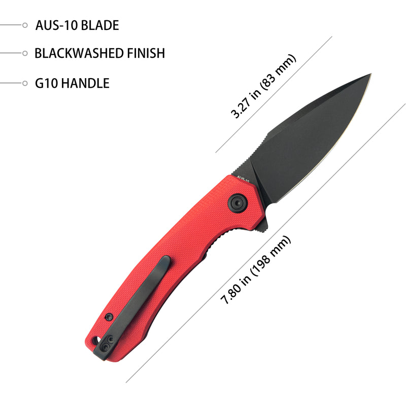 Calyce Liner Lock Flipper Folding Knife Red G10 Handle 3.27" Blackwashed AUS-10 KU901I
