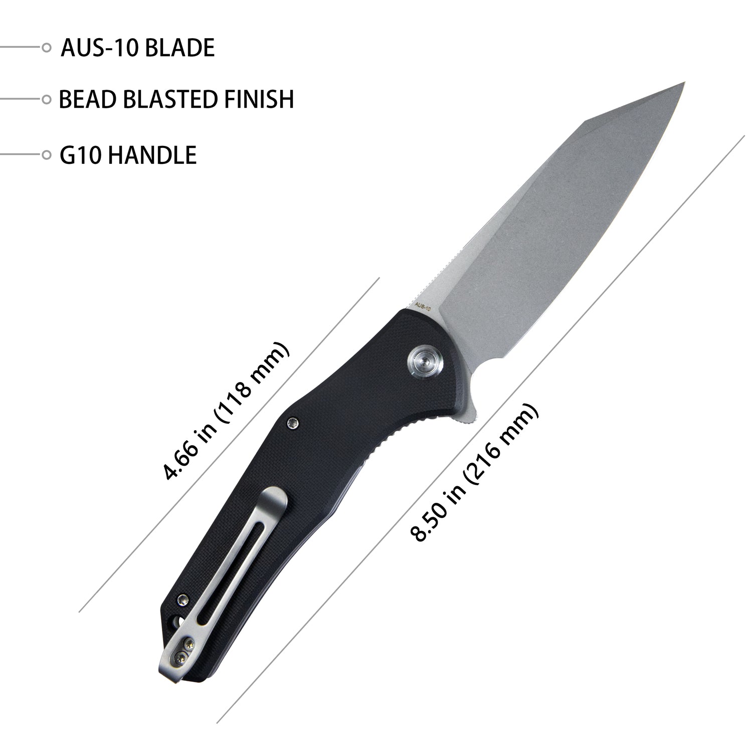 Flash Liner Lock Flipper Folding Knife Black G10 Handle 3.82" Beadblasted AUS-10 KU158E