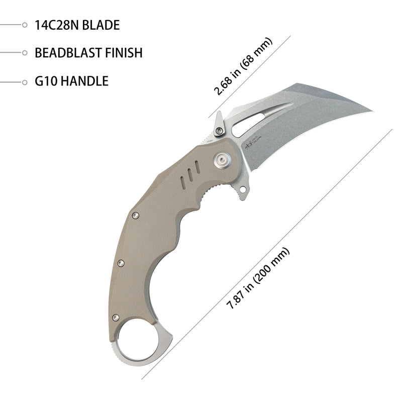 Wrath Karambit Folding Knife Tan G-10 Handle 2.68" Beadblast 14C28N Blade KU261C
