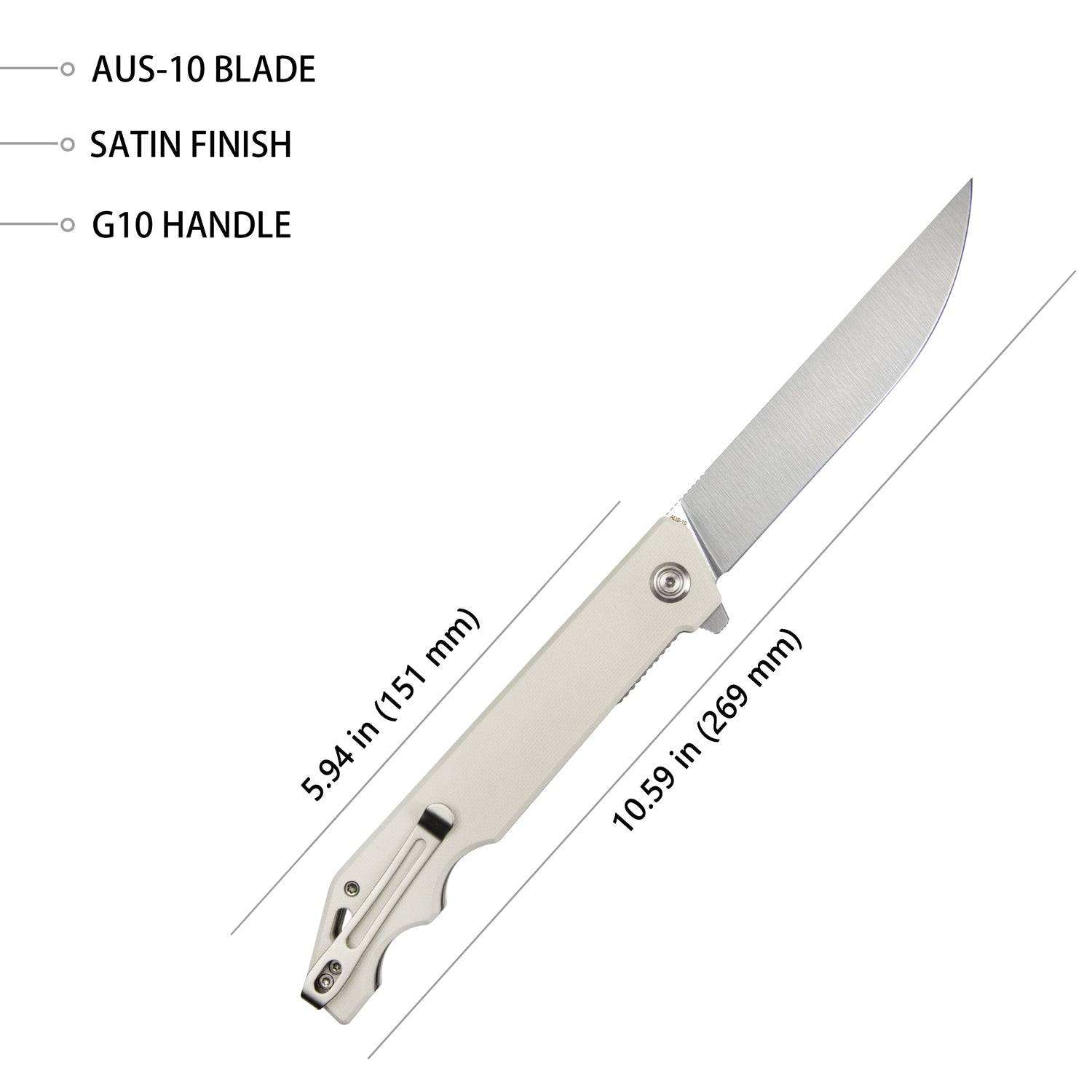 Pylades Liner Lock Flipper Folding Knife Ivory Handle 4.65" Satin AUS-10 KU253G