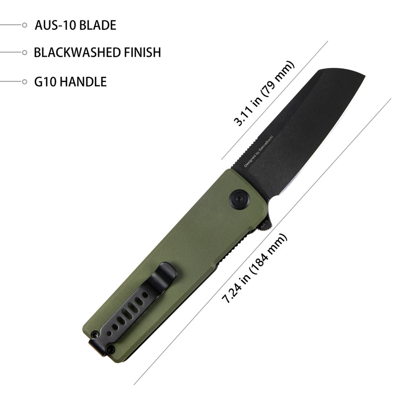 Sailor Liner Lock Flipper Outdoor Pocket Knife Green G10 Handle 3.11" Blackwashed AUS-10 Blade KU317C