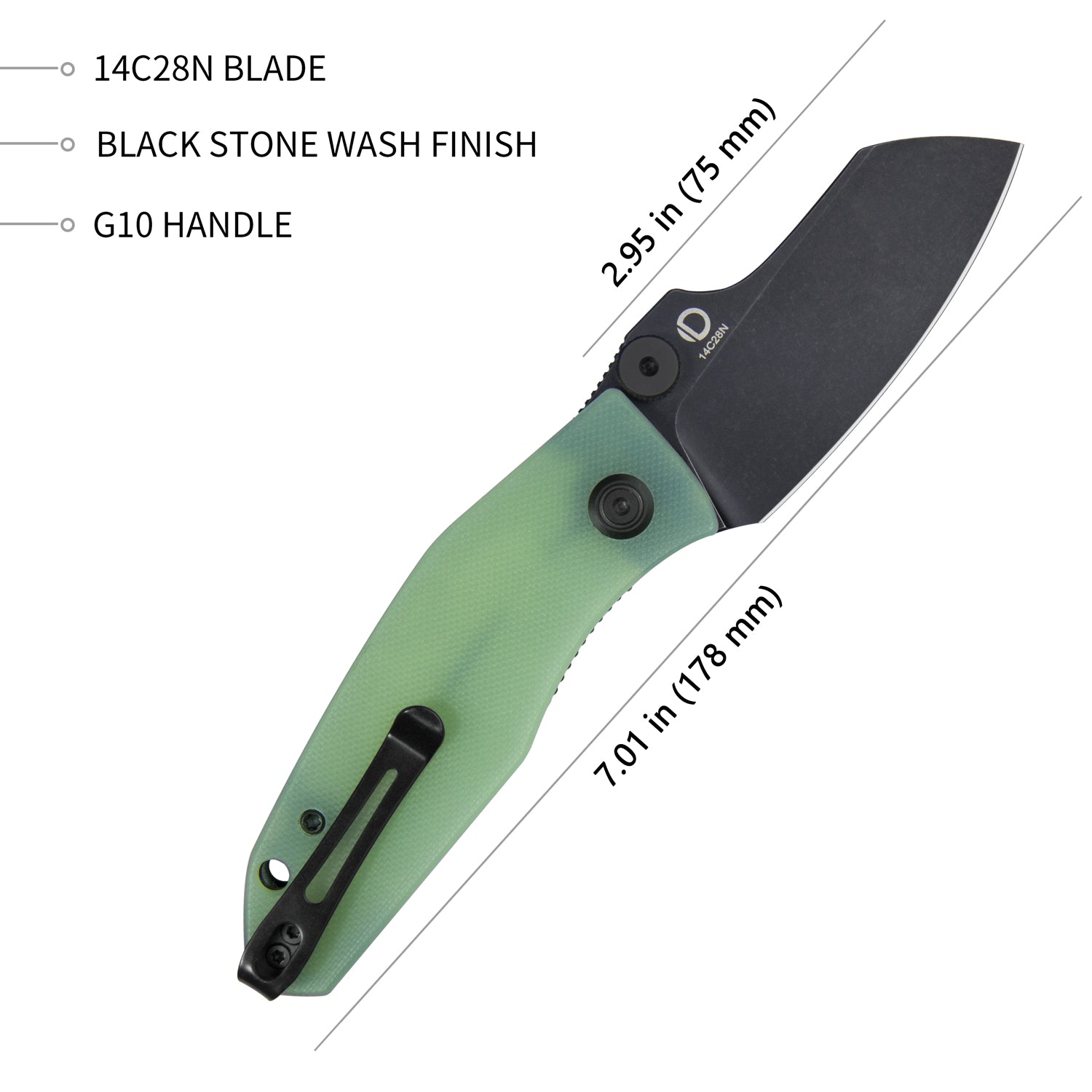 Kubey Monsterdog Klappmesser Liner Lock Folding Knife Jade G10 Handle 2.95" Darkwashed 14C28N KU337C