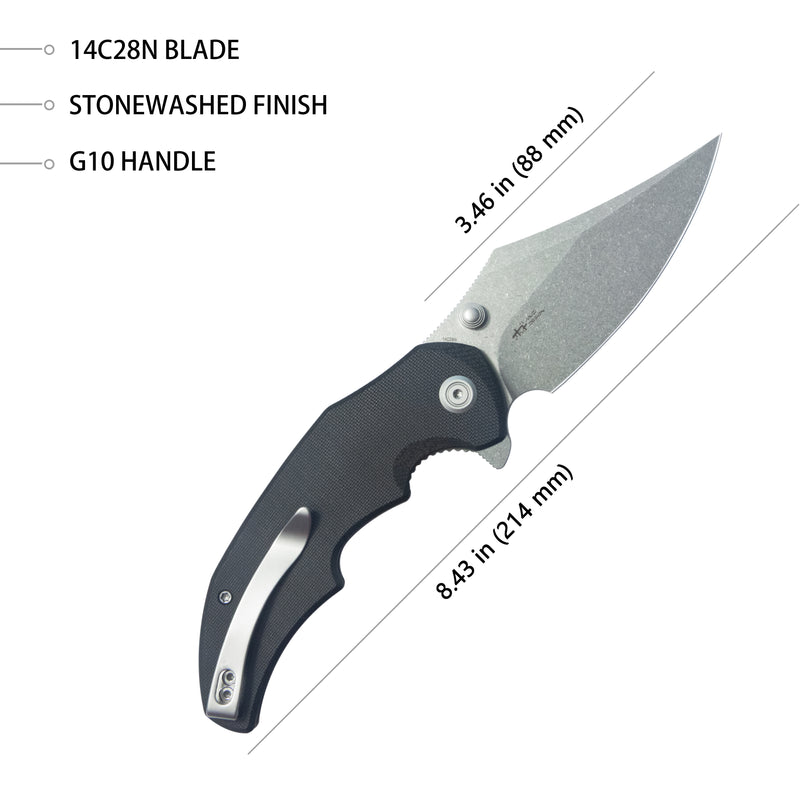 Ceto Flipper Camping Folding Knife Black G-10 Handle 3.46" Stonewash 14C28N Blade KU181A