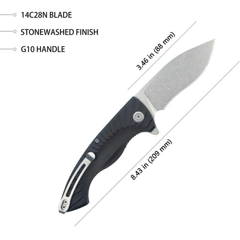 Timberwolf Flipper Outdoor Folding Knife Black G-10 Handle 3.46" Stonewash 14C28N Blade KU208D