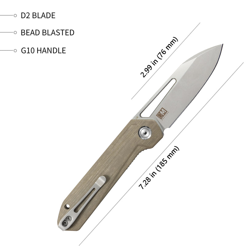 Royal Nest Liner Lock EDC Pocket Knife Front Flipper Tan G10 Handle 2.99" Bead Blasted D2 KU321D
