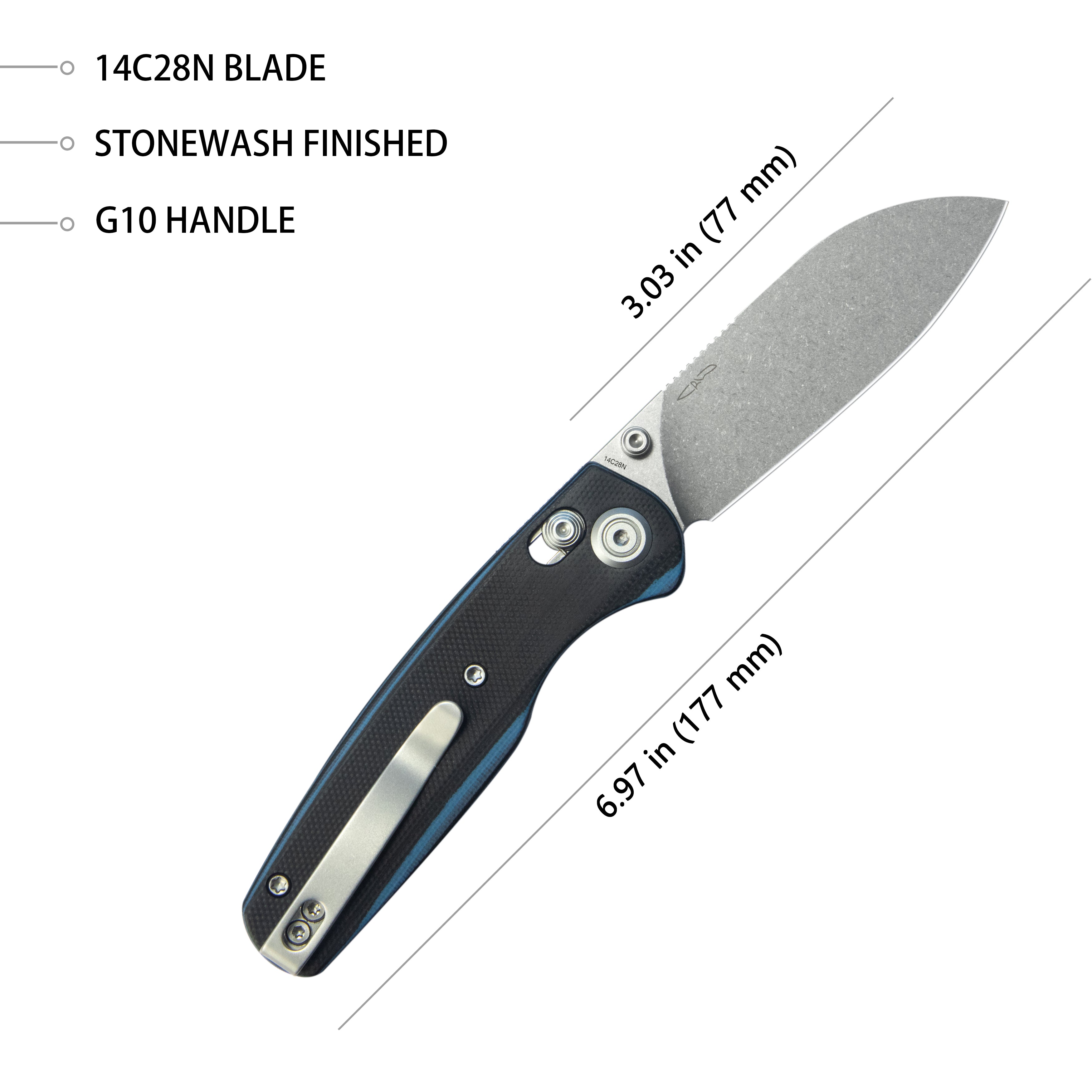 Breeze Every Carry Pocket Knife Crossbar Lock Black Blue G10 Handle 3.03" Stonewash 14C28N Blade KU288D