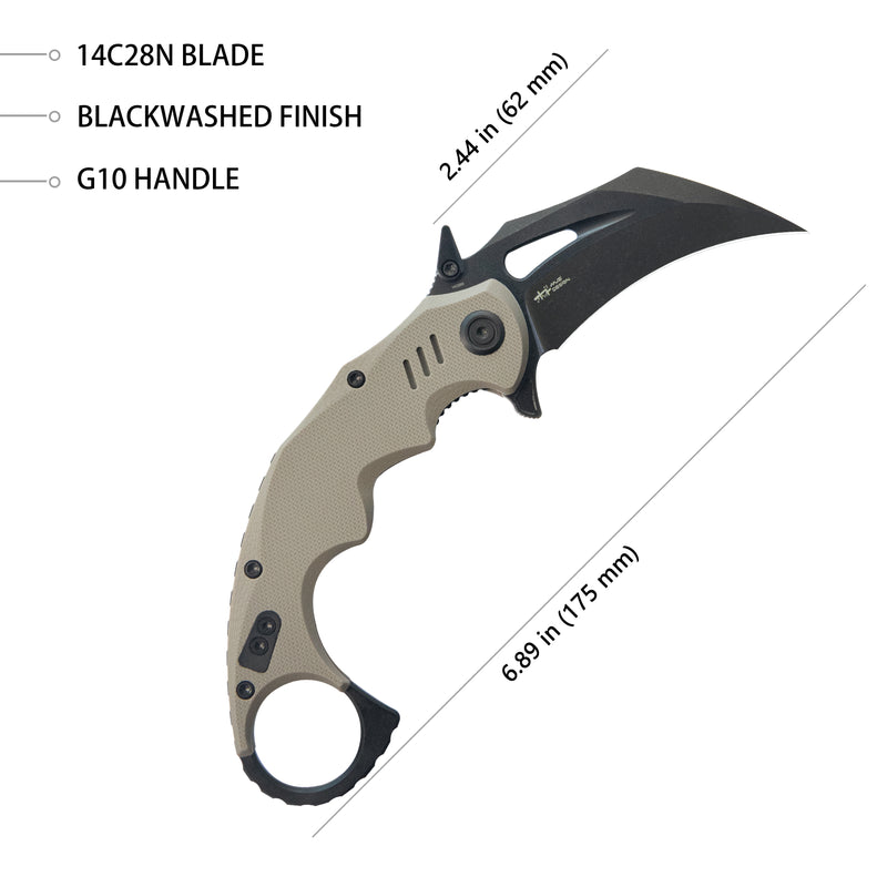 Mini Wrath Karambit Folding Knife Tan G-10 Handle 2.44" Blackwash 14C28N Blade KU262G