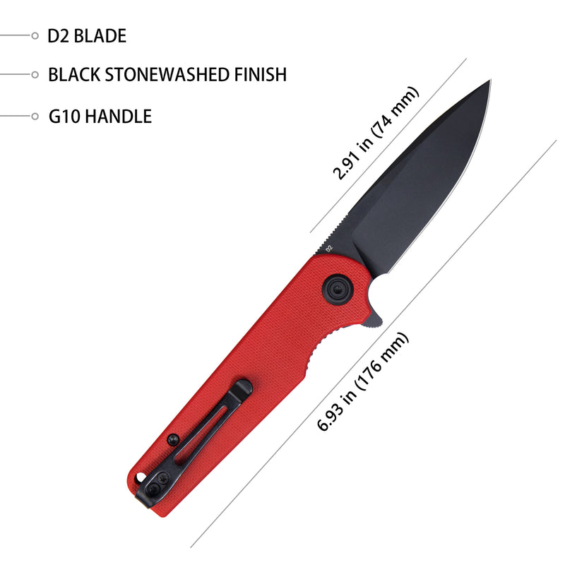 Wolverine Liner Lock Folding Knife Red G10 Handle 2.91" Dark Stonewashed D2 KU233E