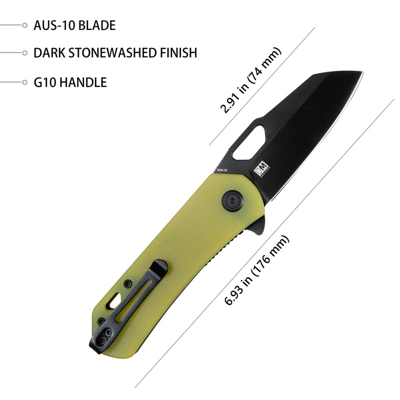 Duroc Liner Lock Flipper Small Pocket Folding Knife Translucent Yellow G10 Handle 2.91" Black Stonewashed AUS-10 KU332H
