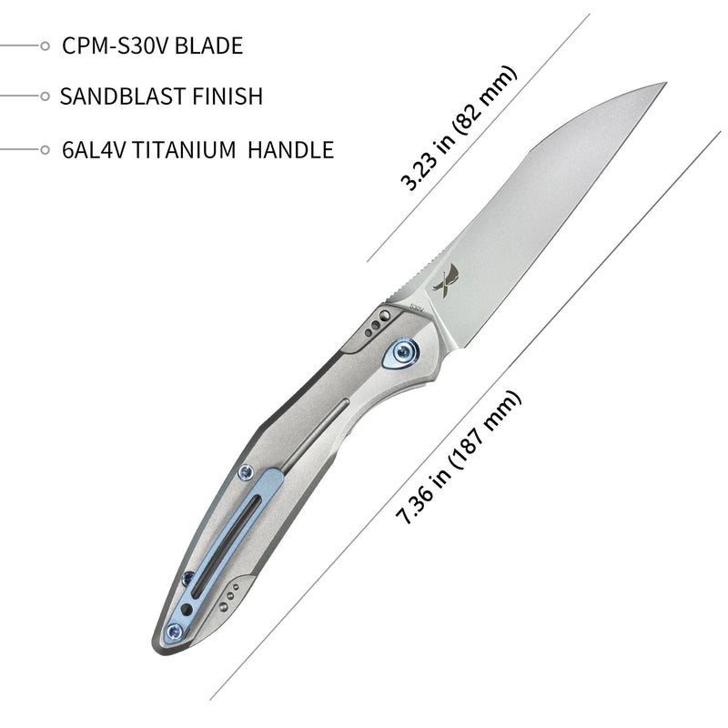 Barracuda Liner Lock Front Flipper Folding Knife Titanium Handle 3.38" Sandblast S30V KU299