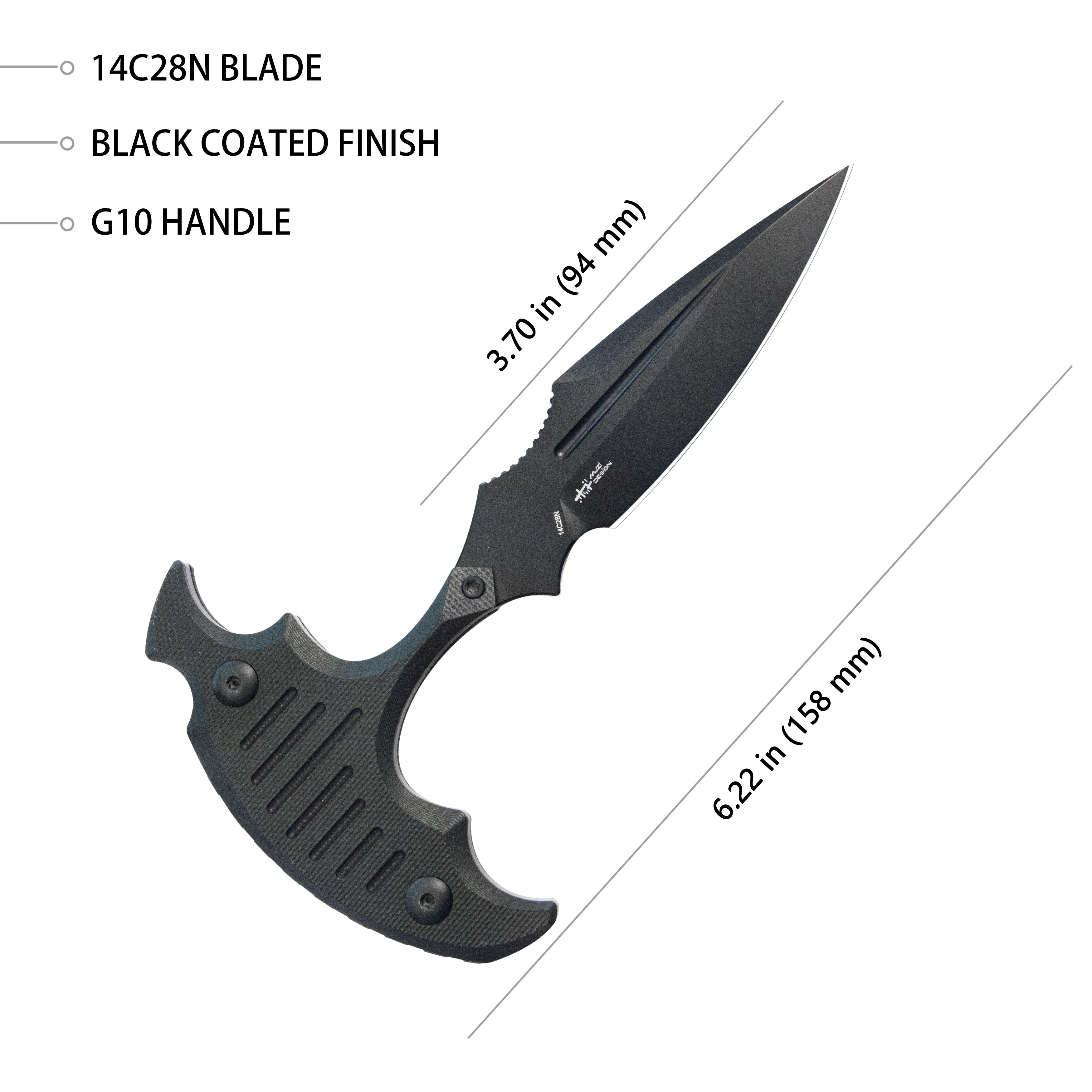 Medusa Push Dagger Fixed Blade Outdoor Knives w/ Kydex Sheath Black G-10 Black Coating 14C28N KU242C