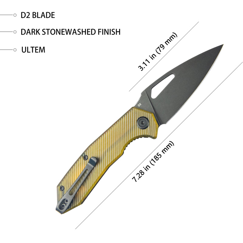 Coeus Liner Lock Thumb Open Folding Knife Ultem Handle Kitchen knives 3.11" Blackwash D2 KU122Q