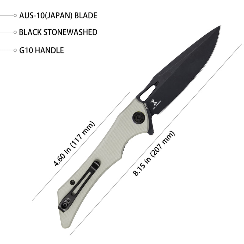 Raven Liner Lock Flipper Knife Ivory G10 Handle 3.5" Dark Stonewashed AUS-10 KB245F