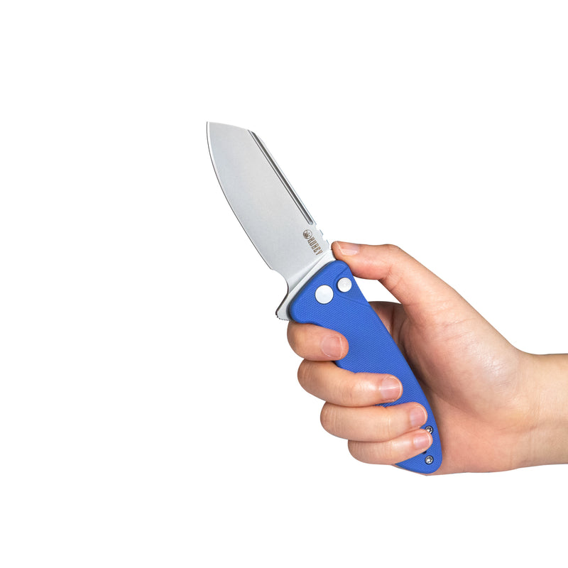 Creon Small Pocket Knife with Button Lock Blue G10 Handle 2.87" Beadblasted AUS-10 KU336C